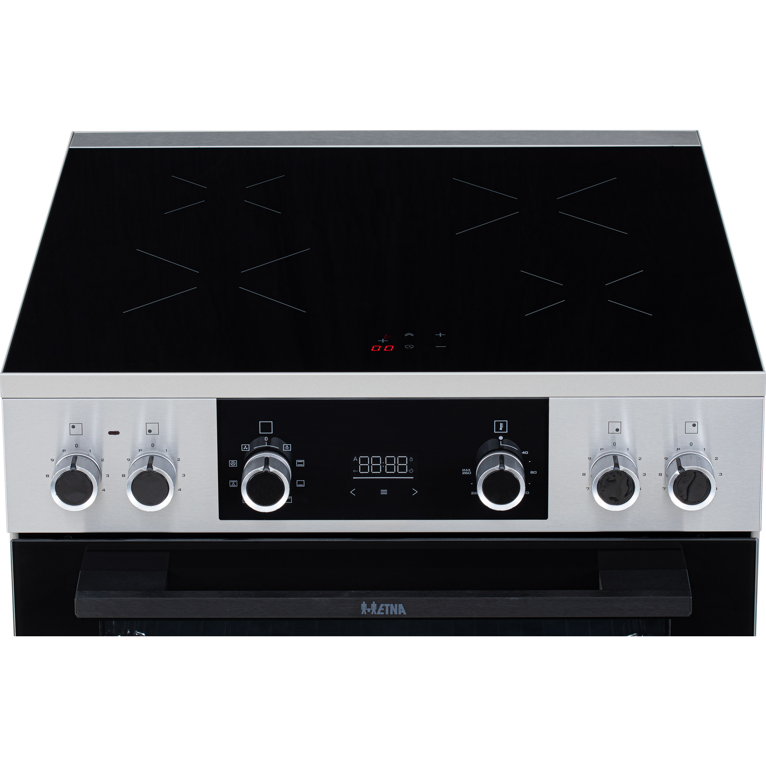 Silver built-in oven with a black glass ceramic hob and digital display.