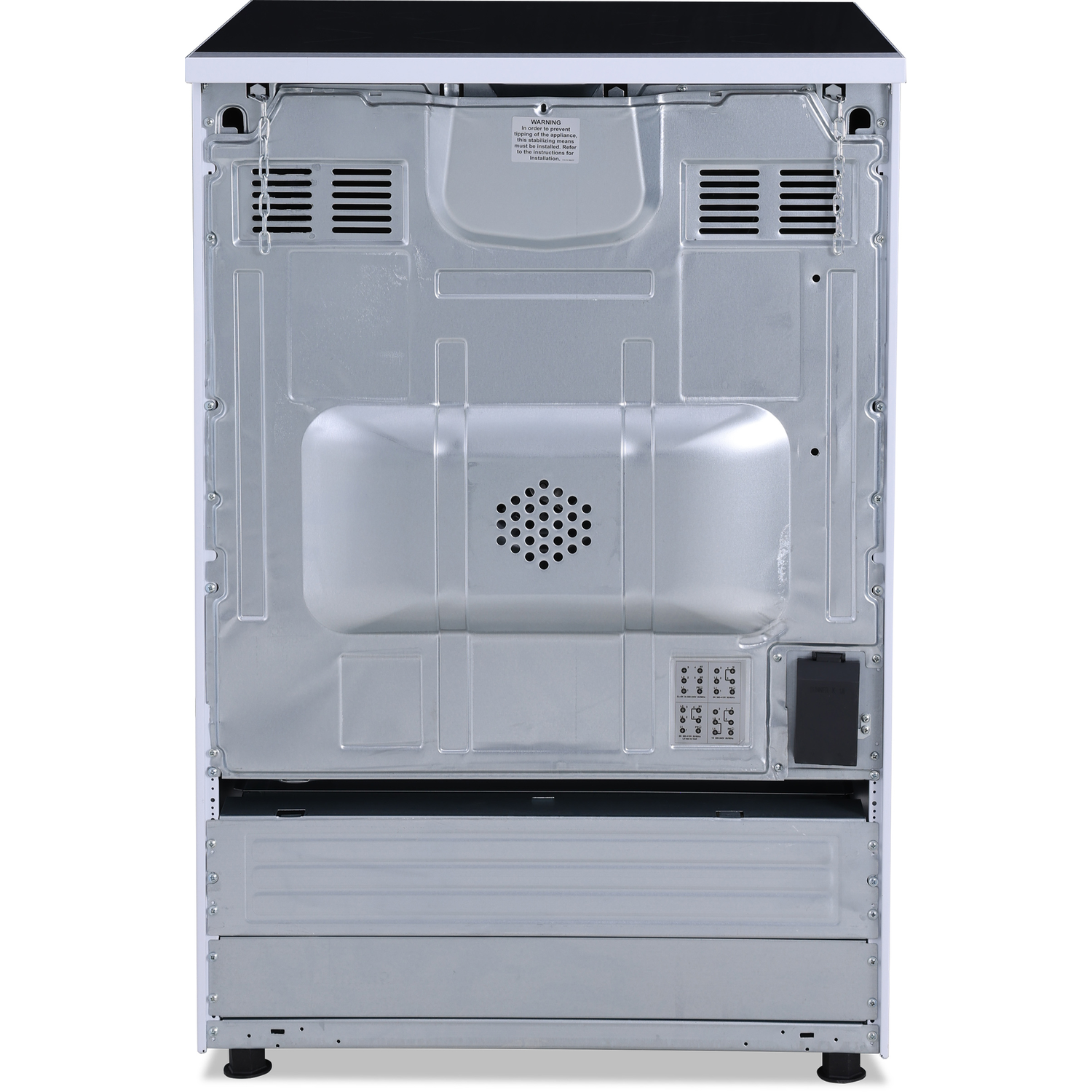 Back of a white oven with vents and connections. Warning label present.