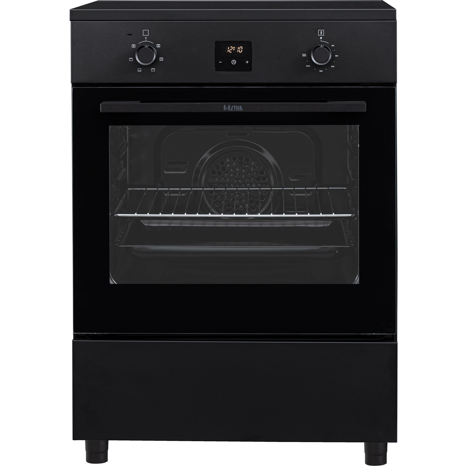 Een zwarte oven met digitaal display en glazen deur, naast een bedieningspaneel.
