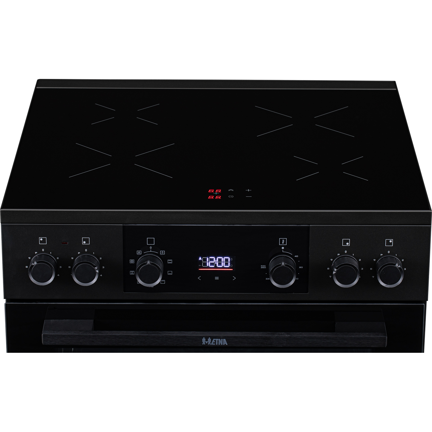 Black induction hob with four cooking zones and digital display. Controls below.