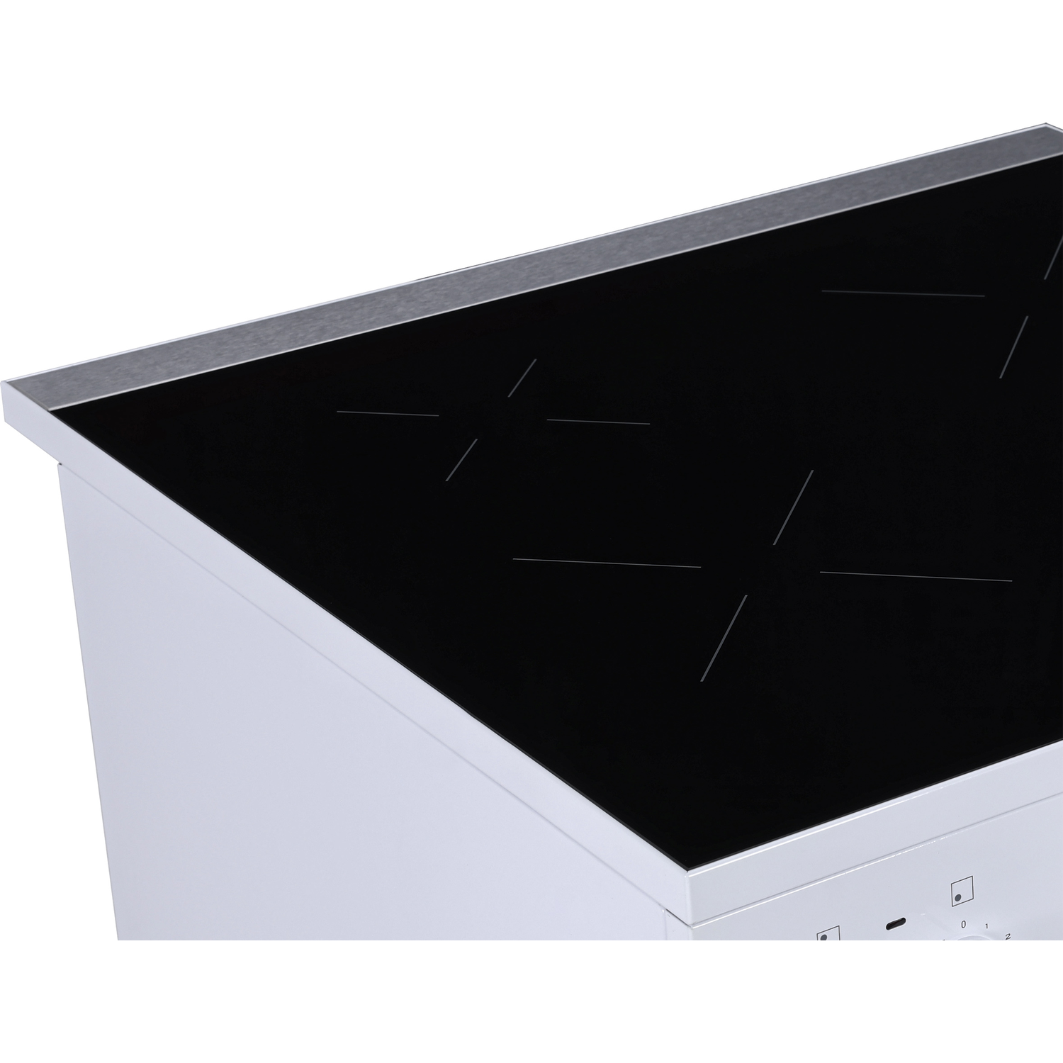 White stove with black glass ceramic hob and cooking zones.