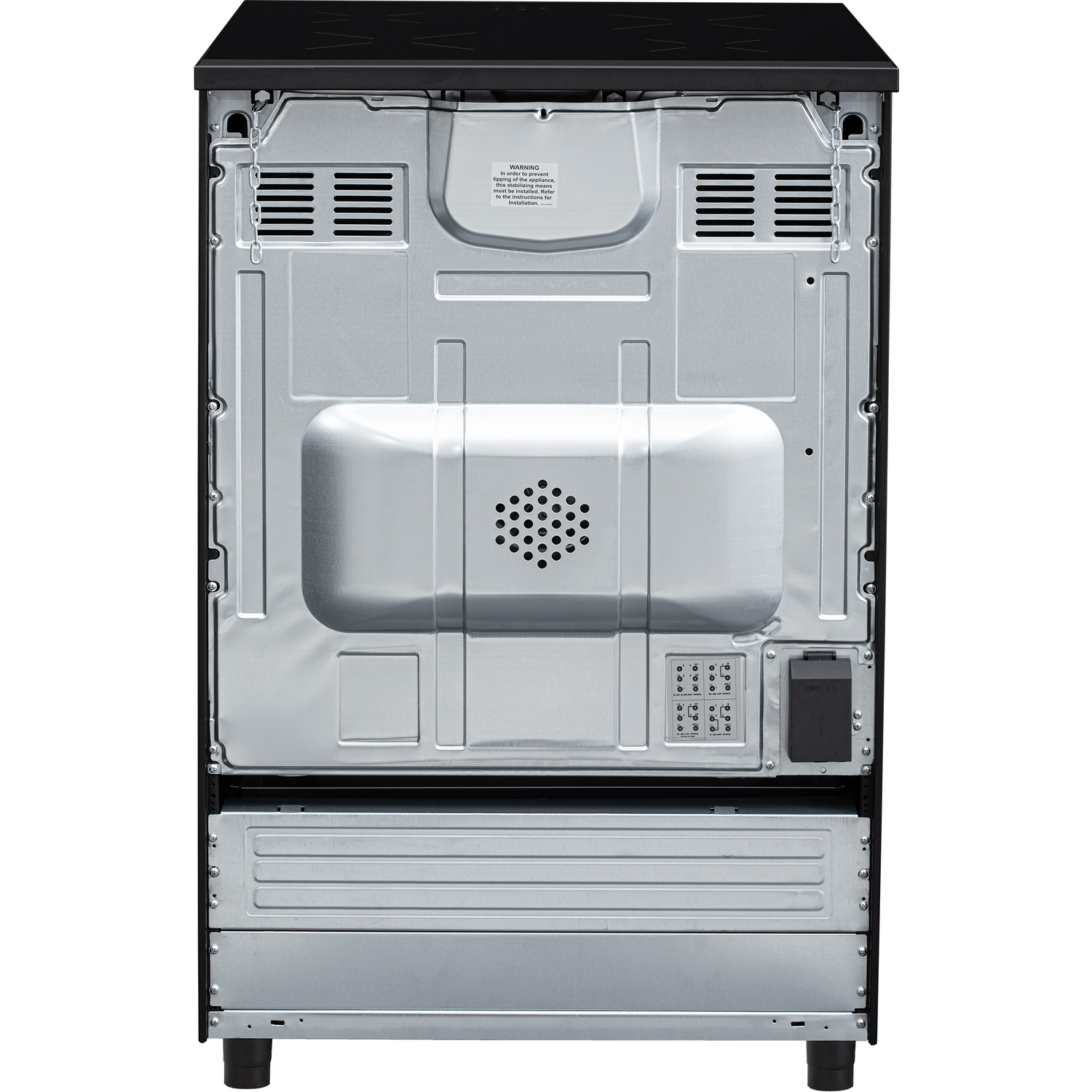 Back of a black stove with silver metal plates, vents, and an electrical outlet.
