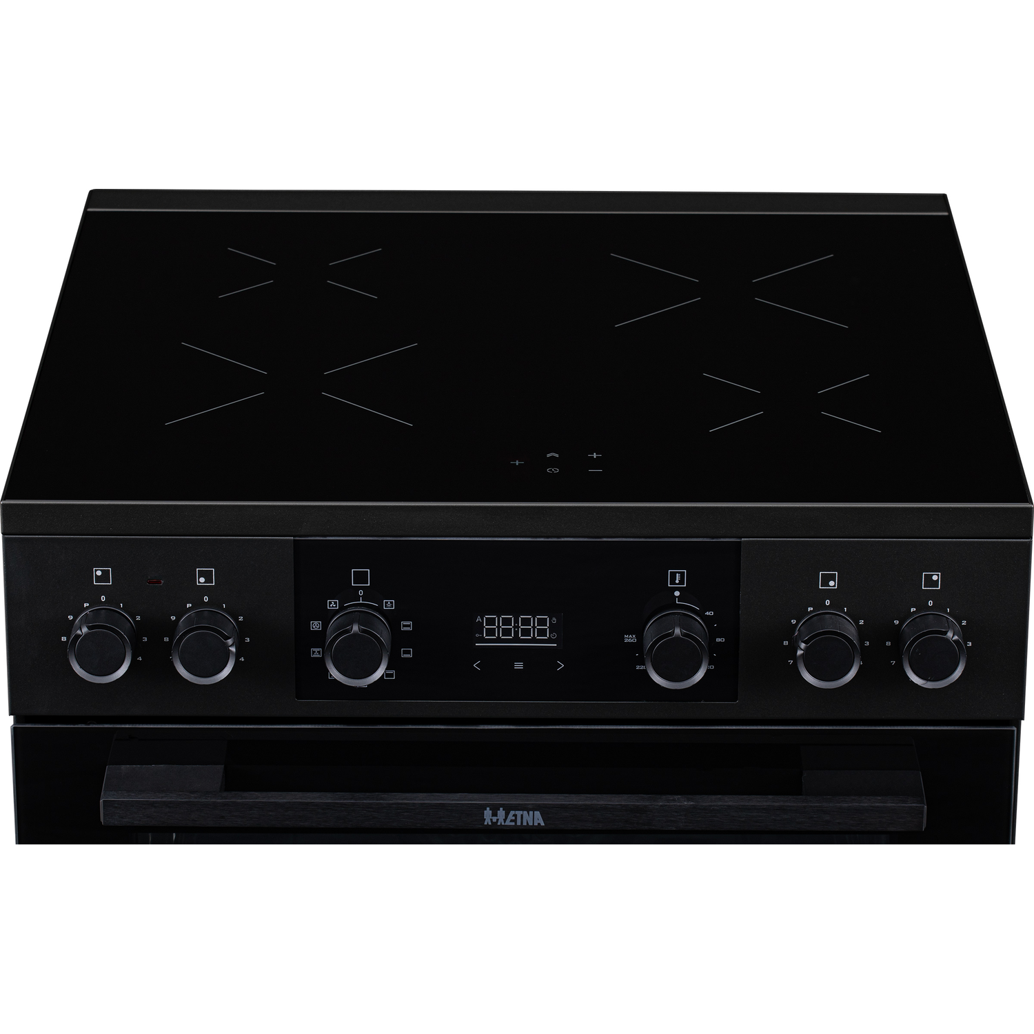 Black induction hob with four cooking zones and a digital display.