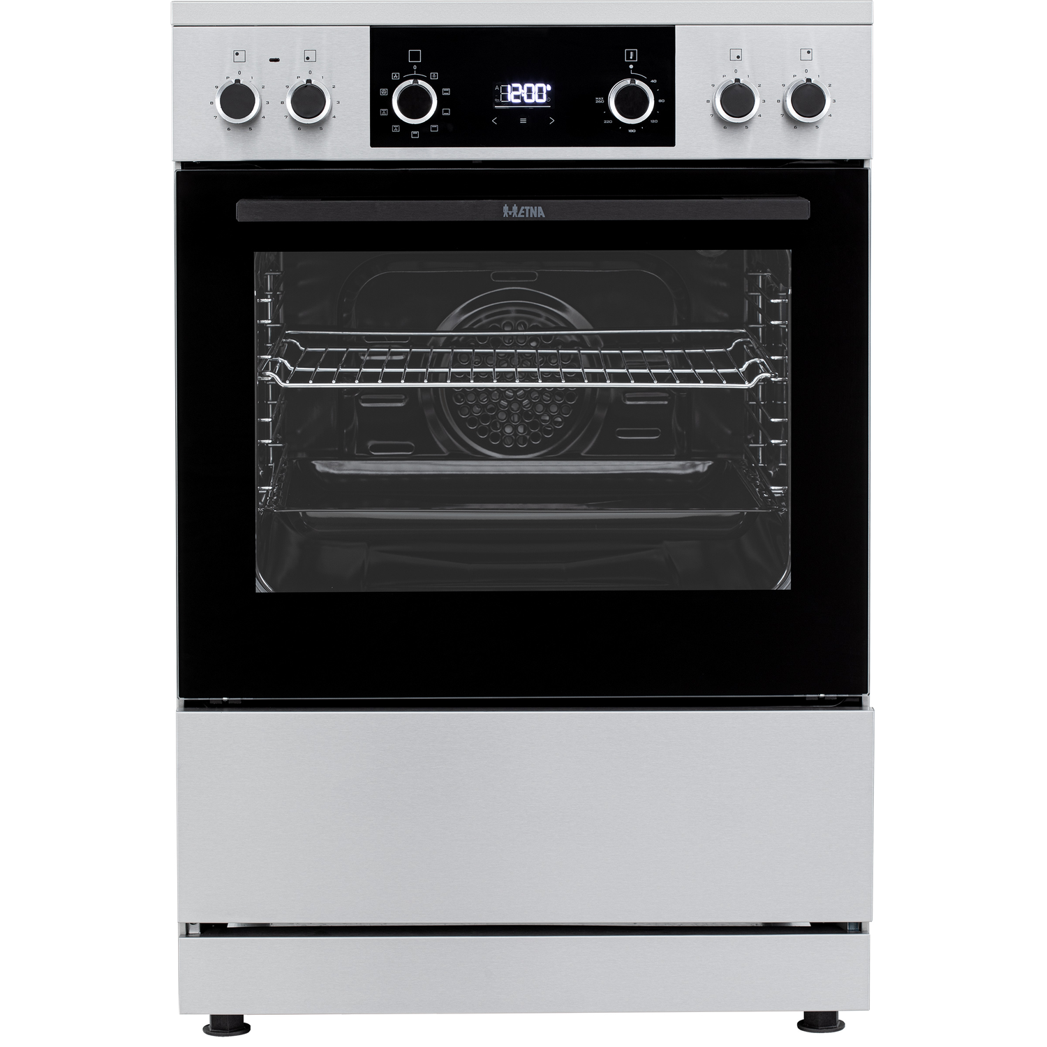 Silver oven with a black glass door and interior rack. Digital display and knobs on top.