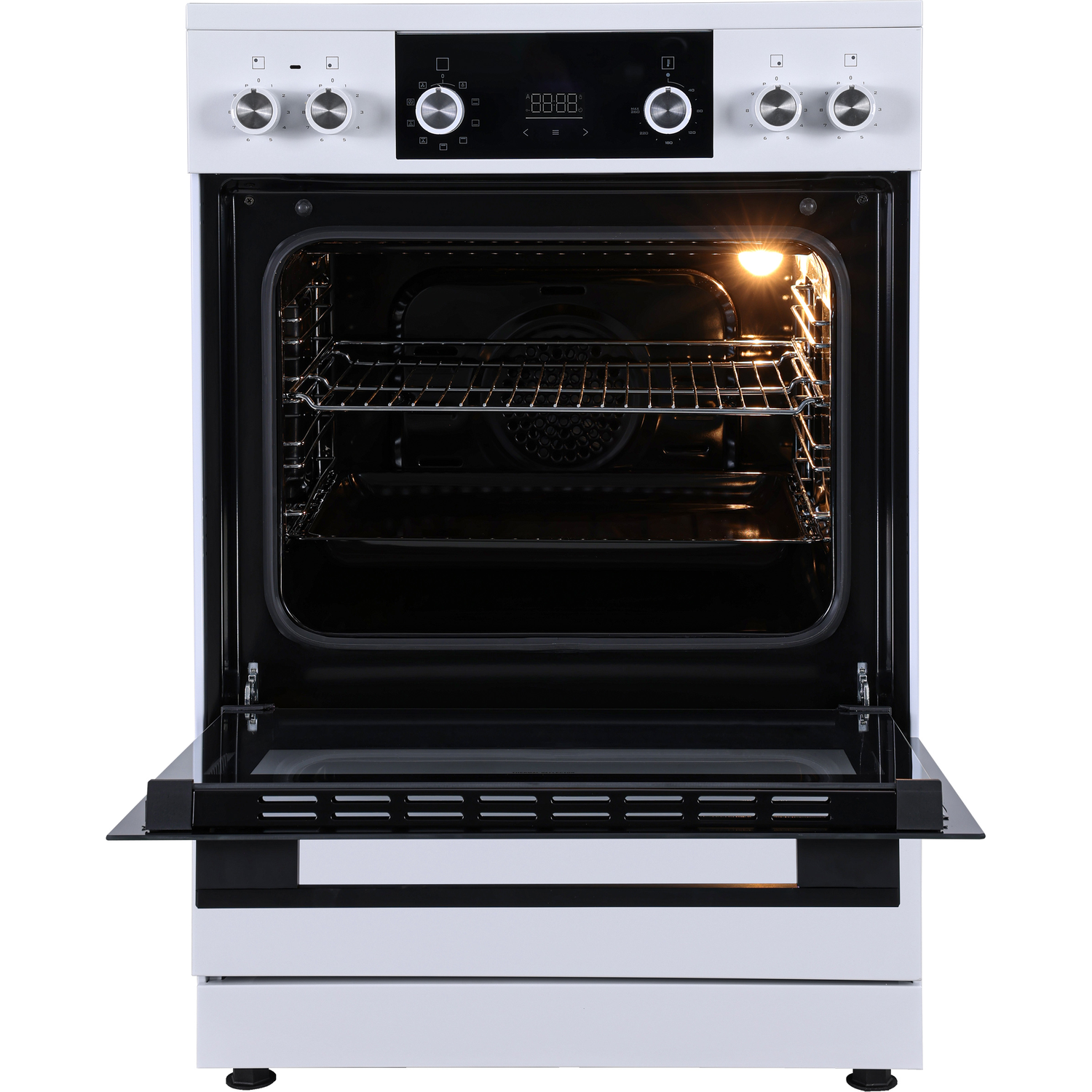 A white oven with its door open and the interior light on.