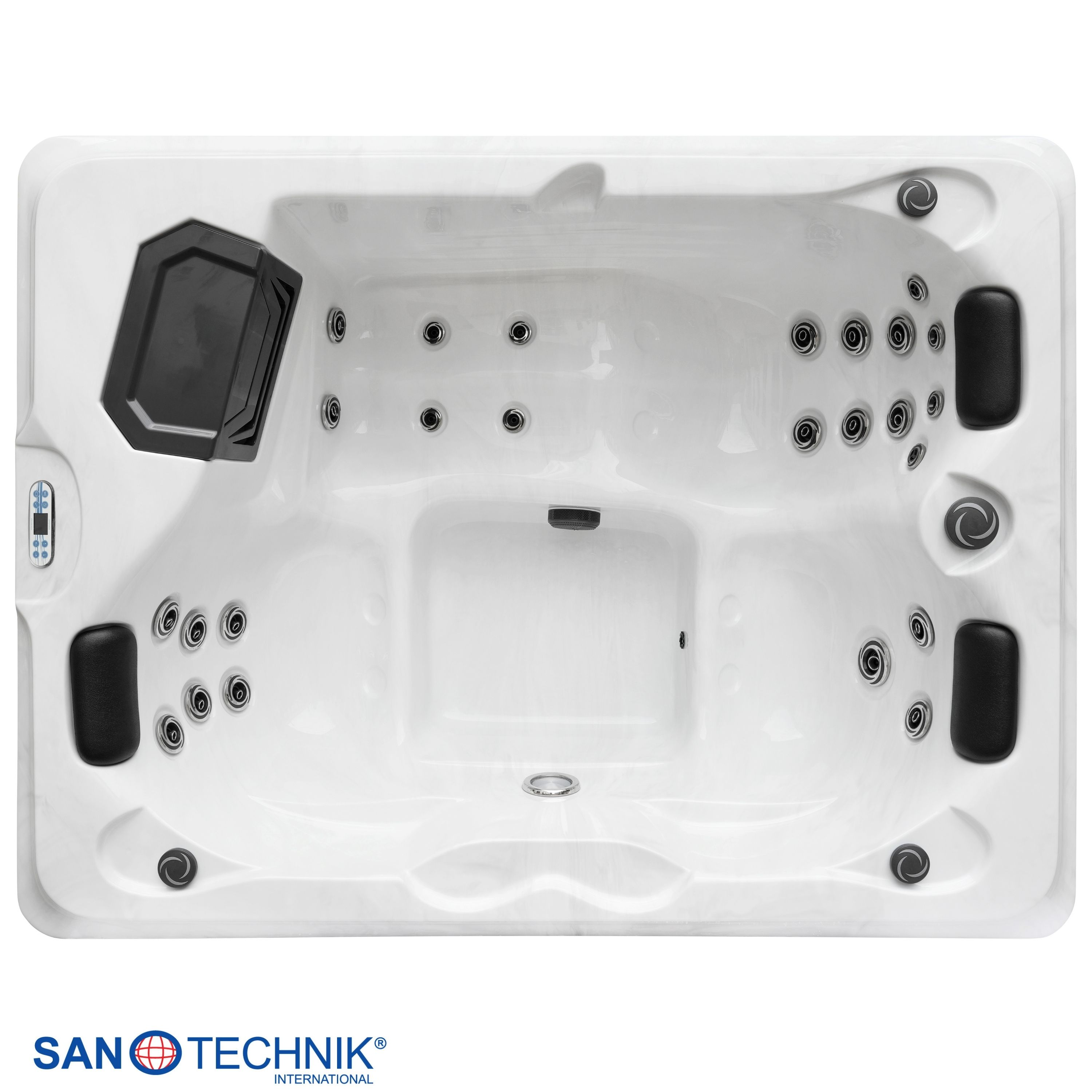Eine weiße Whirlpoolwanne mit schwarzen Kopfstützen und vielen Düsen.