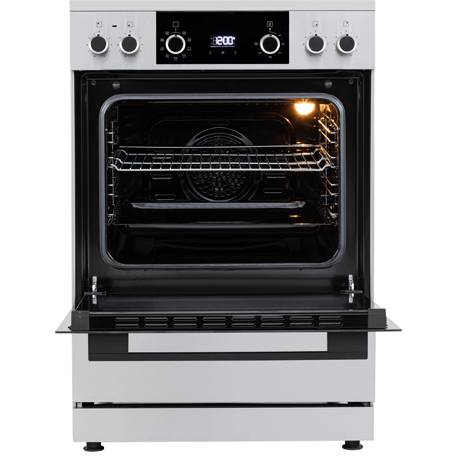 Open silver oven with light on inside, digital display showing 200 degrees.