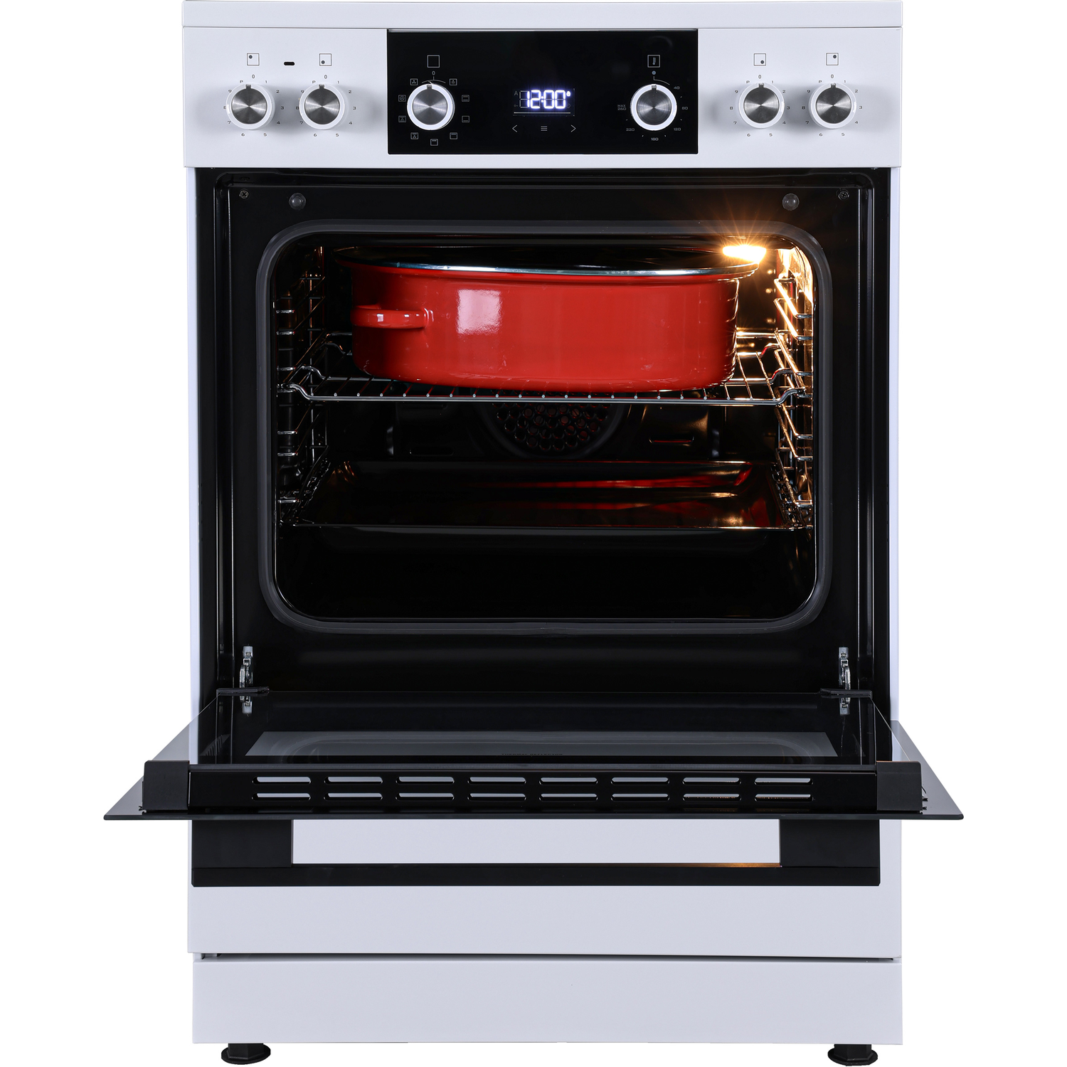 A white oven with its door open, showing a red pot inside.