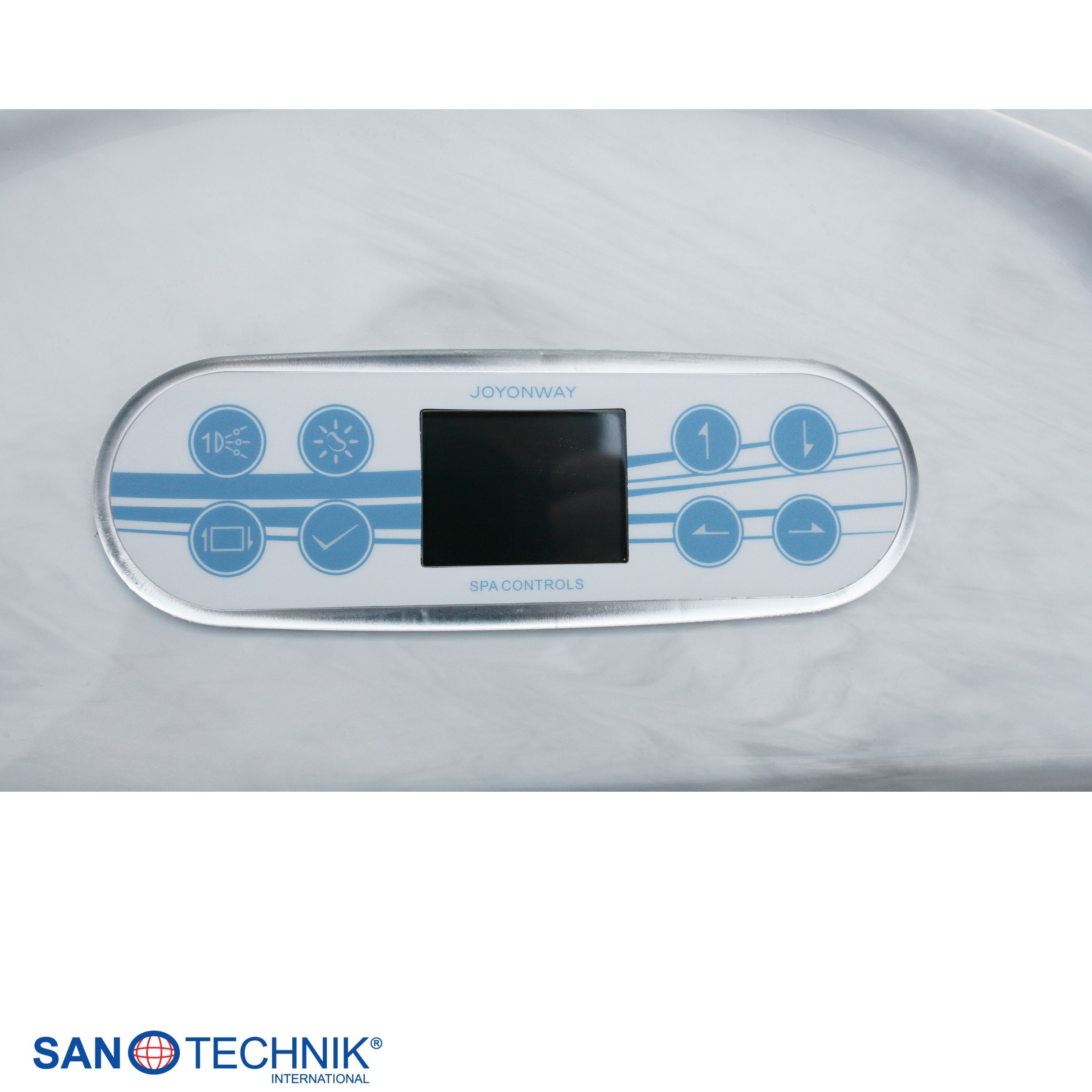 Nahaufnahme einer SPA-Steuereinheit mit Touchscreen und blauen Symbolen.