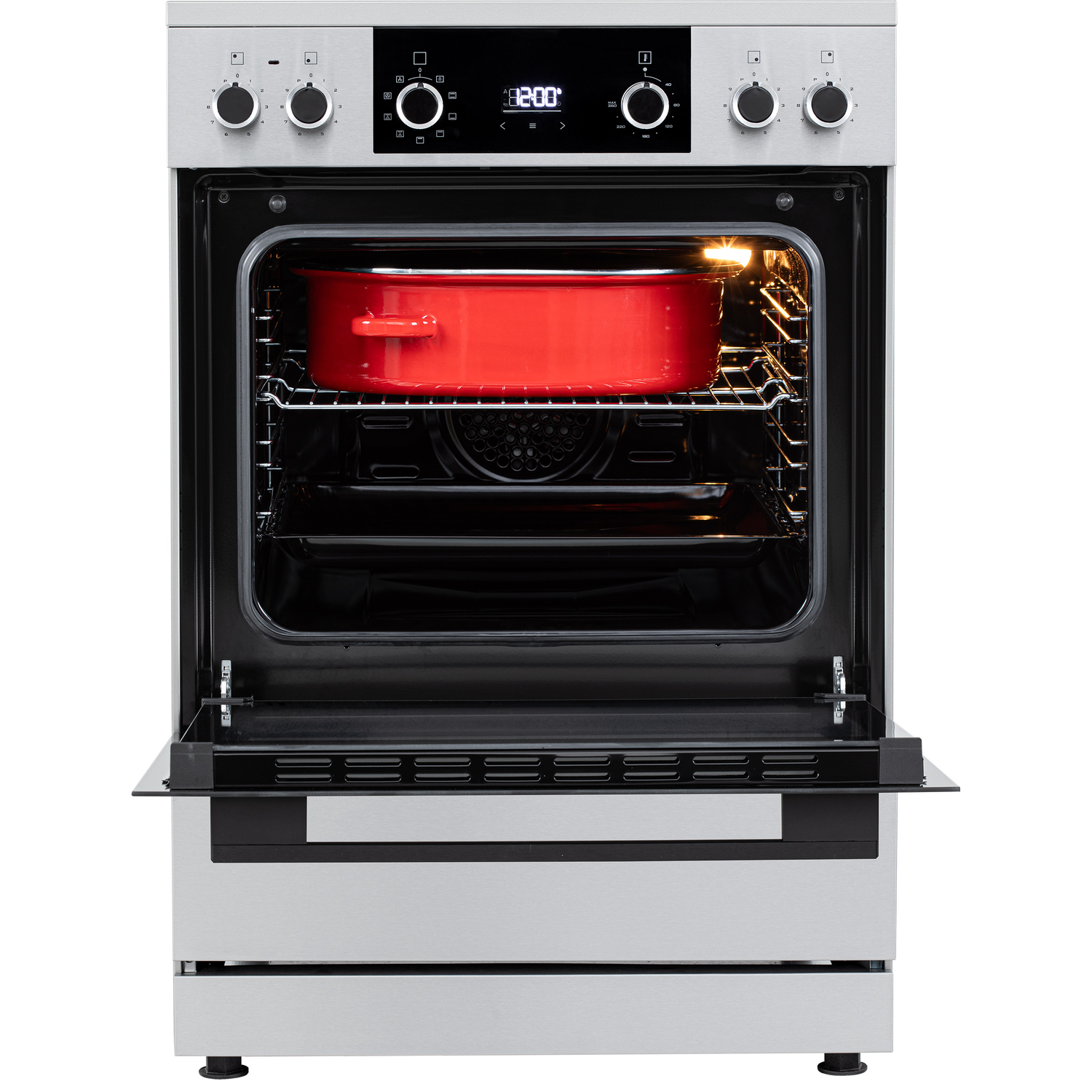 A silver oven with its door open, showing a red roasting pan on the rack.