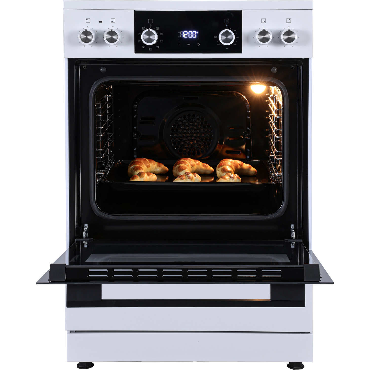 A white oven with the door open, showing three croissants baking inside on a tray.