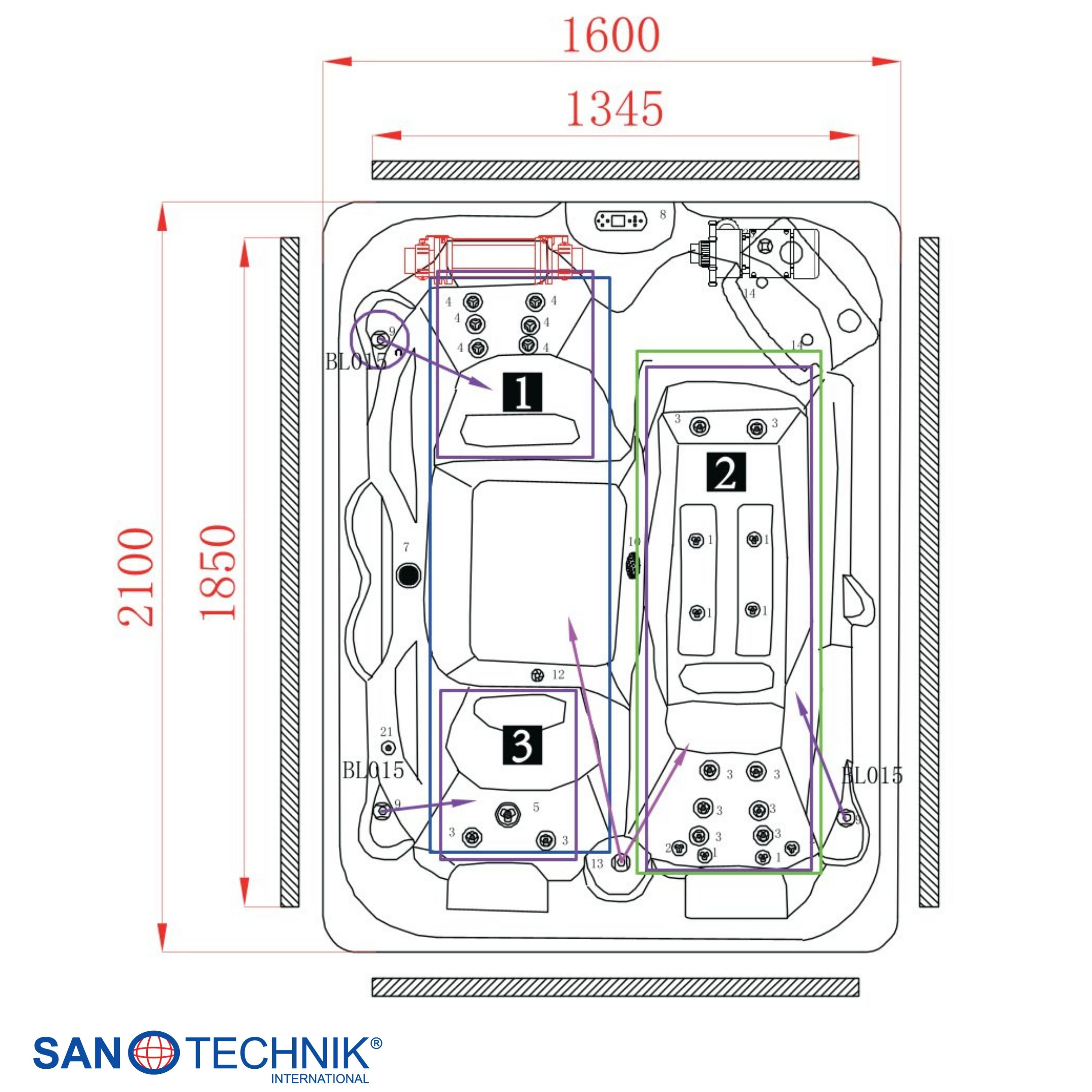 Technische Zeichnung eines Whirlpools mit Bemaßungen und nummerierten Bereichen.