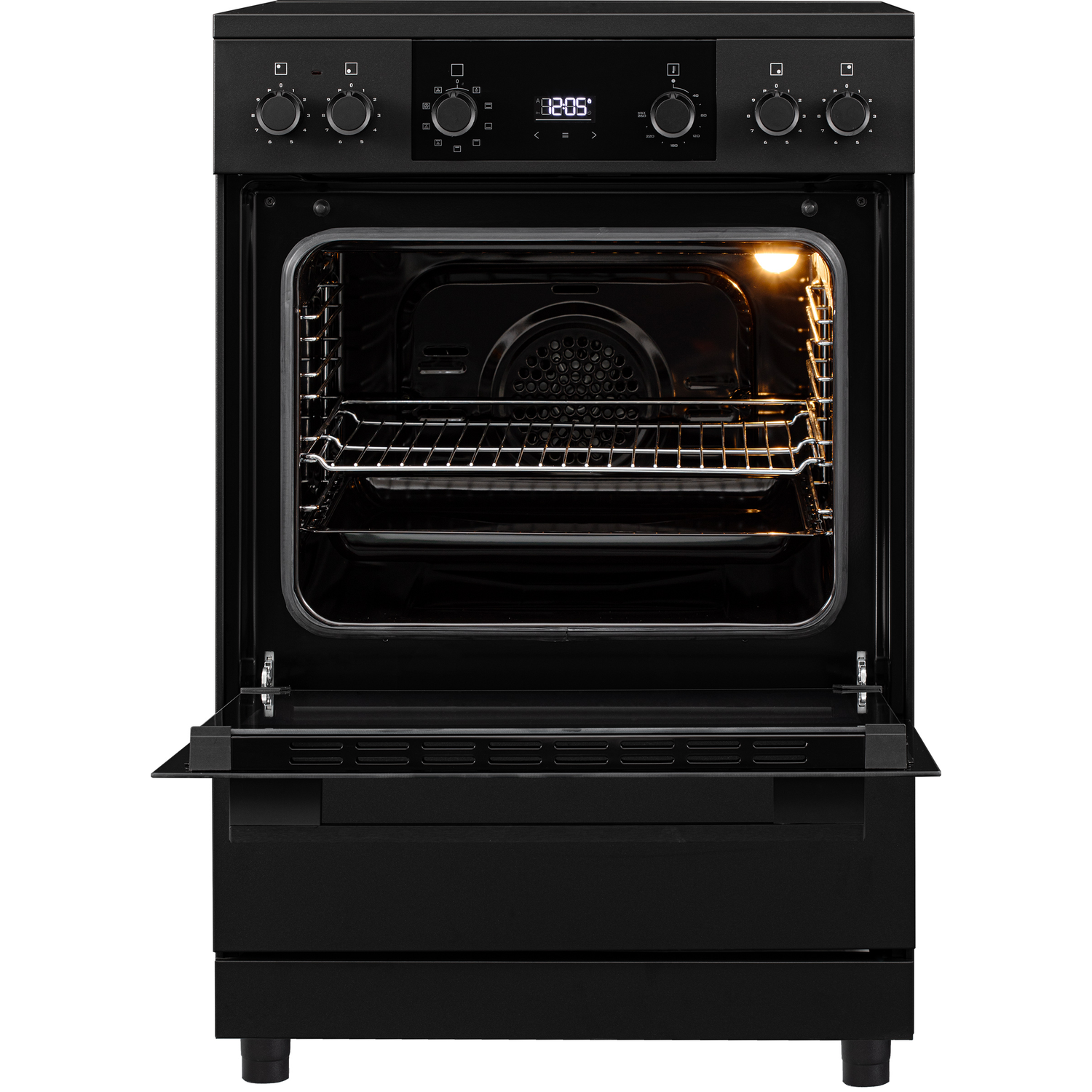 A black oven with its door open, showing racks and an illuminated interior.