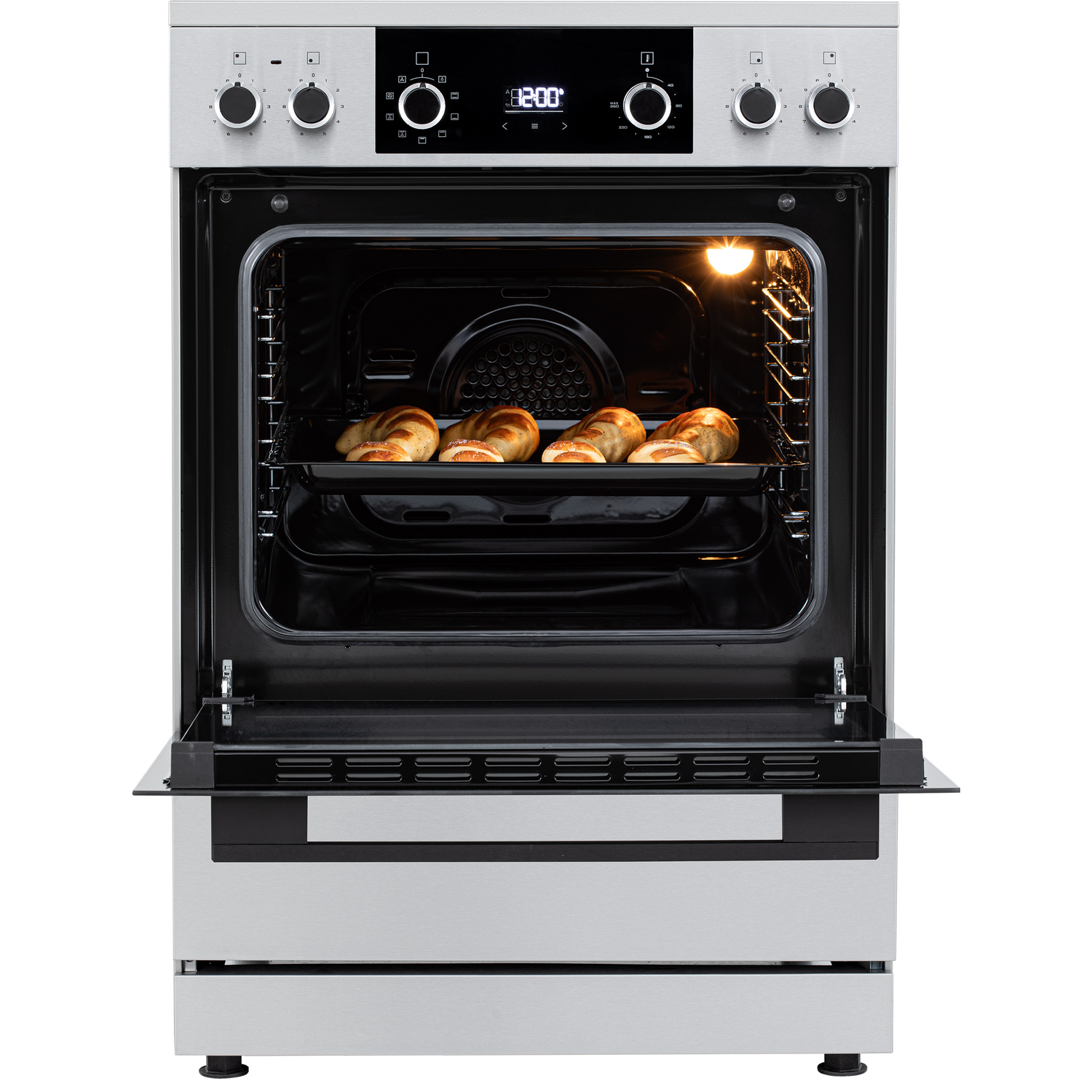 An open silver oven with four golden-brown croissants on a baking tray inside.