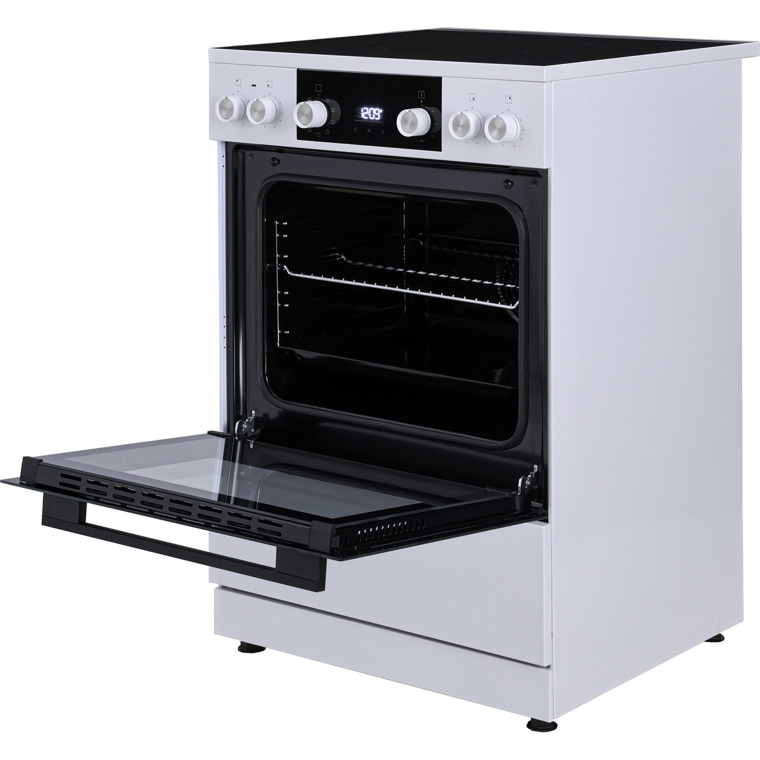 White oven with open door and stovetop. White body, black controls and digital display.