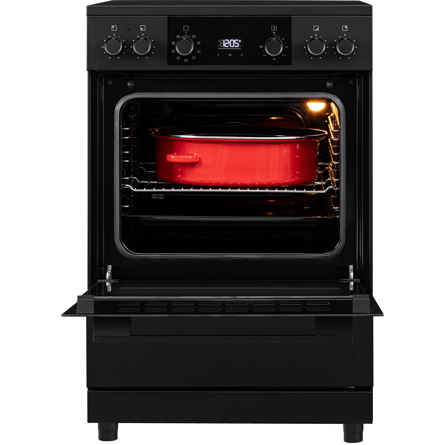 A black oven with its door open, containing a red roasting pan.