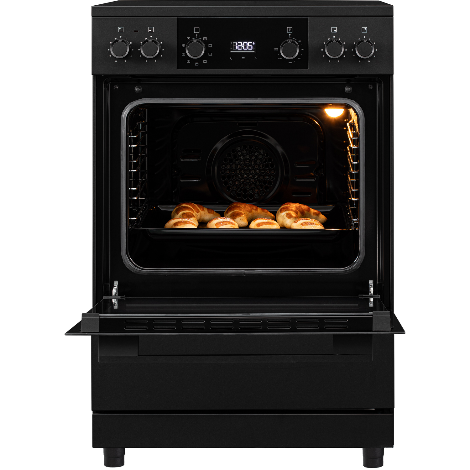 A black oven with its door open, showing pastries on a tray inside.