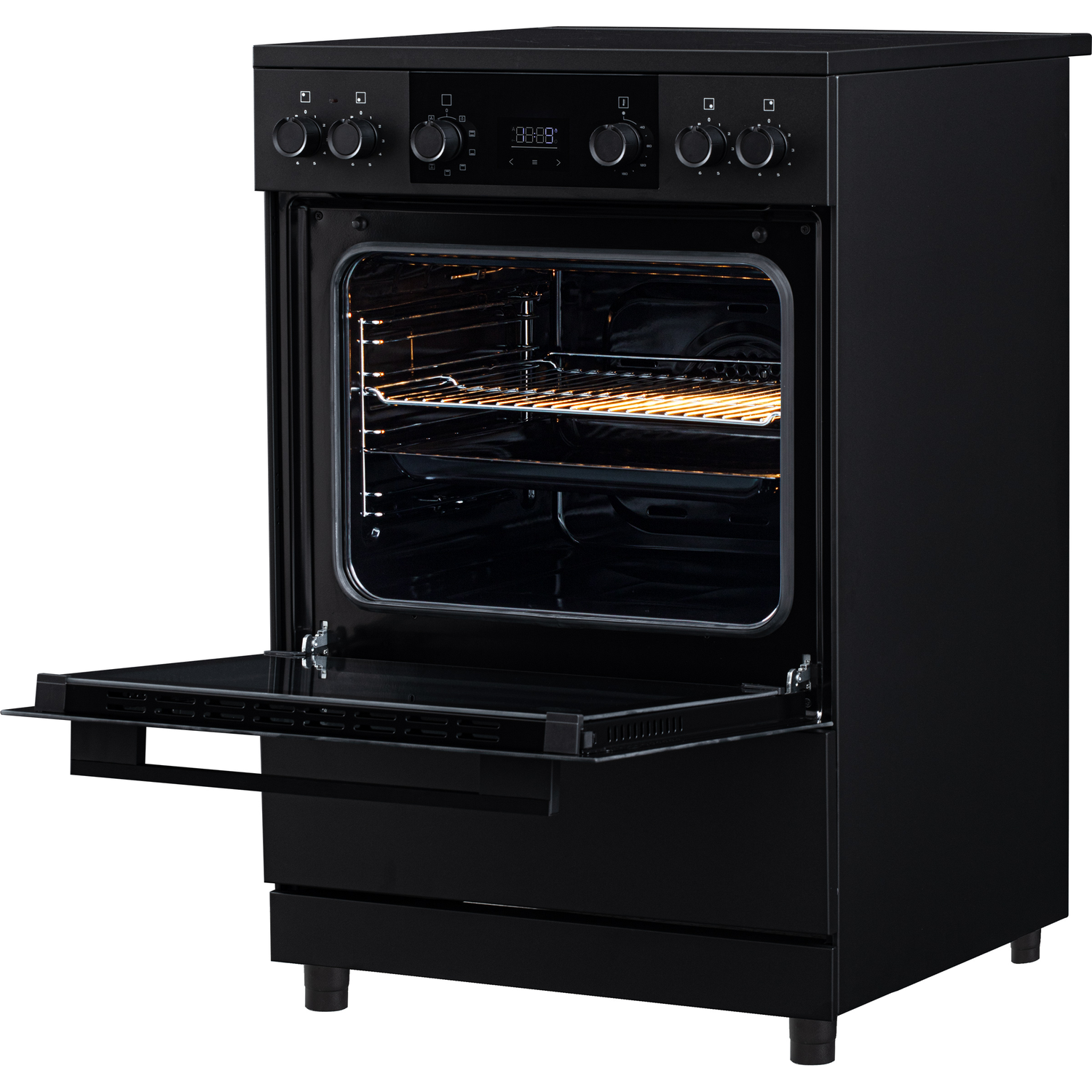 Black oven with open door, interior light on, digital display, and knobs.