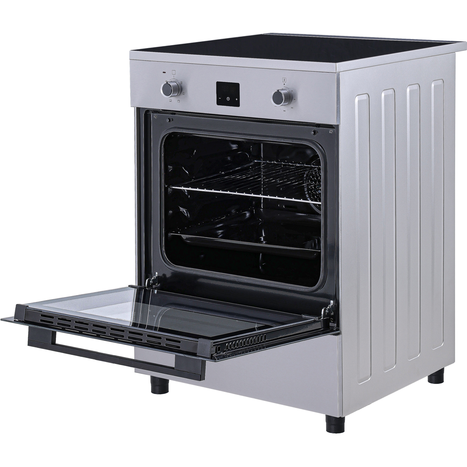 Een zilveren oven met de deur open en een kookplaat.