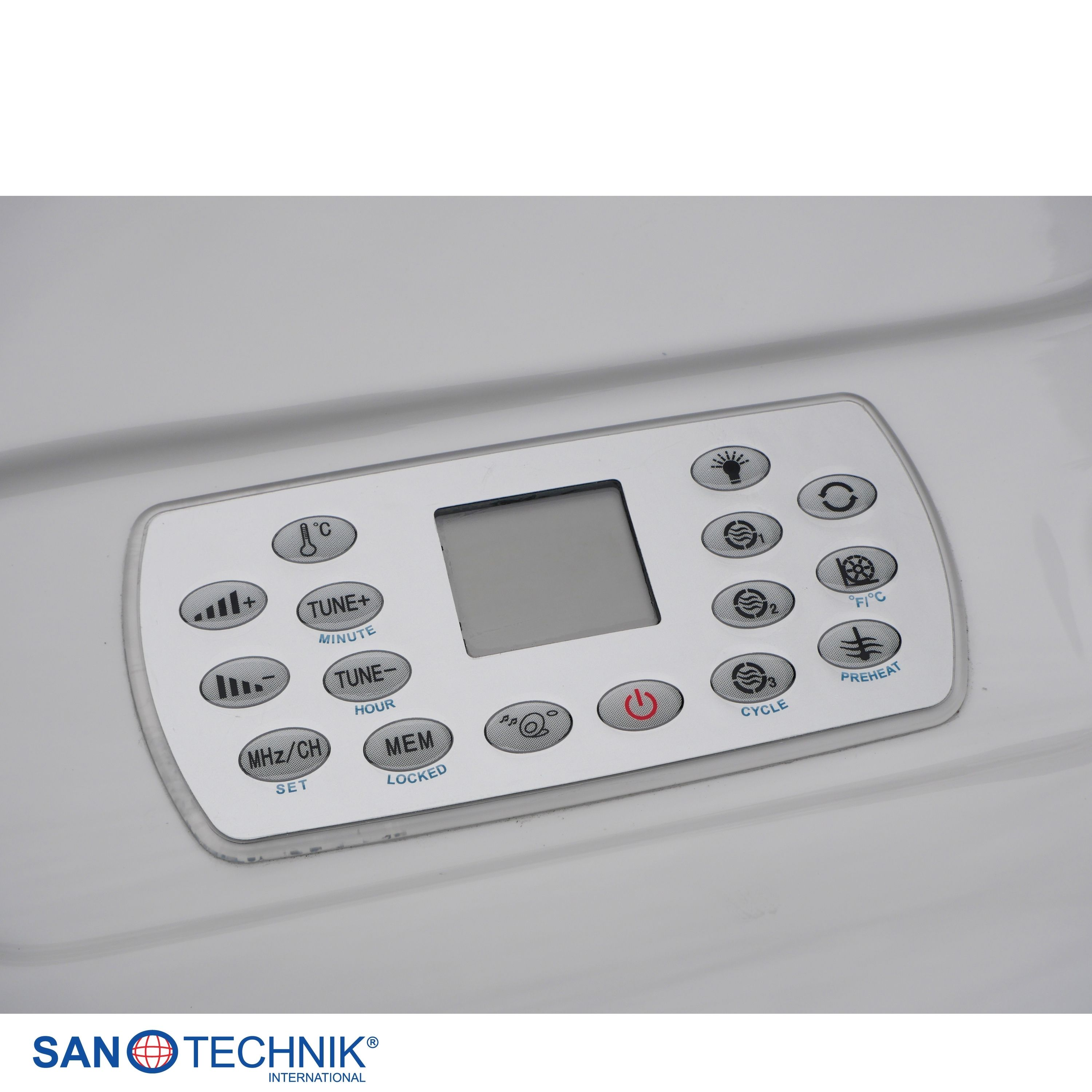Ein weißes Bedienfeld mit einem LCD-Bildschirm und Tasten für Temperatur, Zeit und Funktionen.