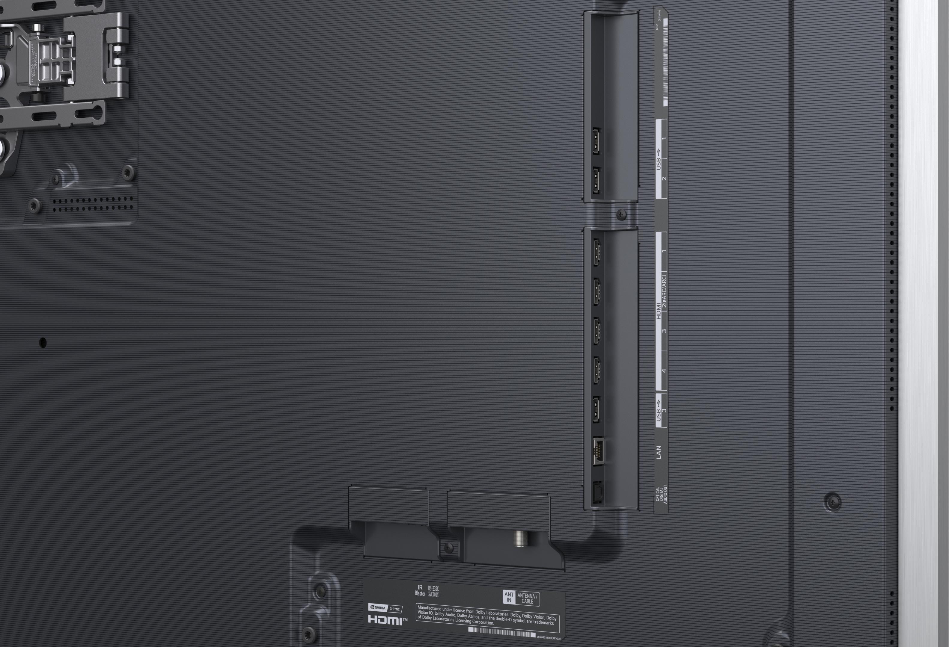 Rückseite eines Fernsehers mit Anschlüssen: HDMI, USB, LAN und Antenne.