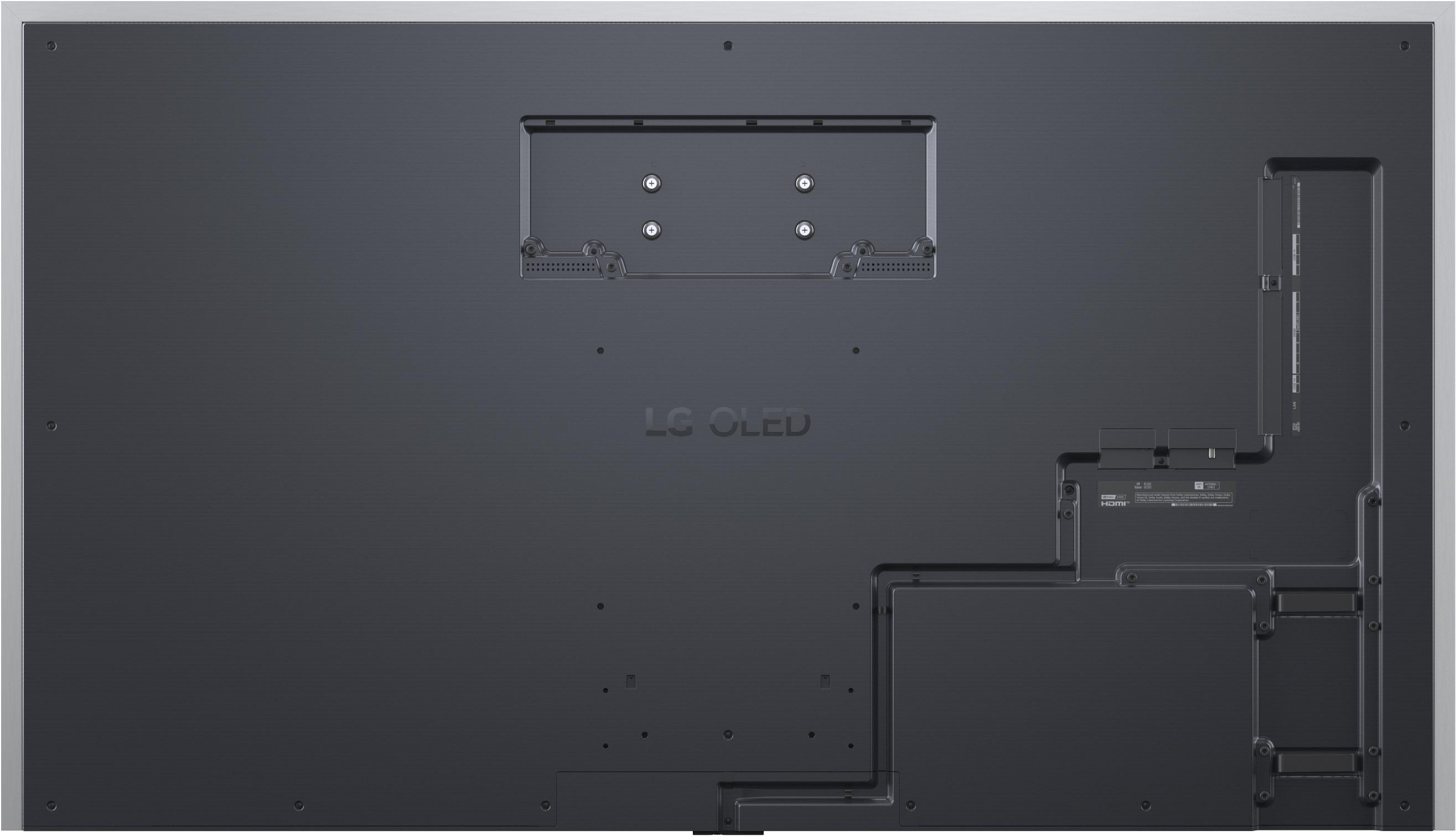Rückseite eines schwarzen LG OLED Fernsehers mit Anschlüssen und Schrauben.