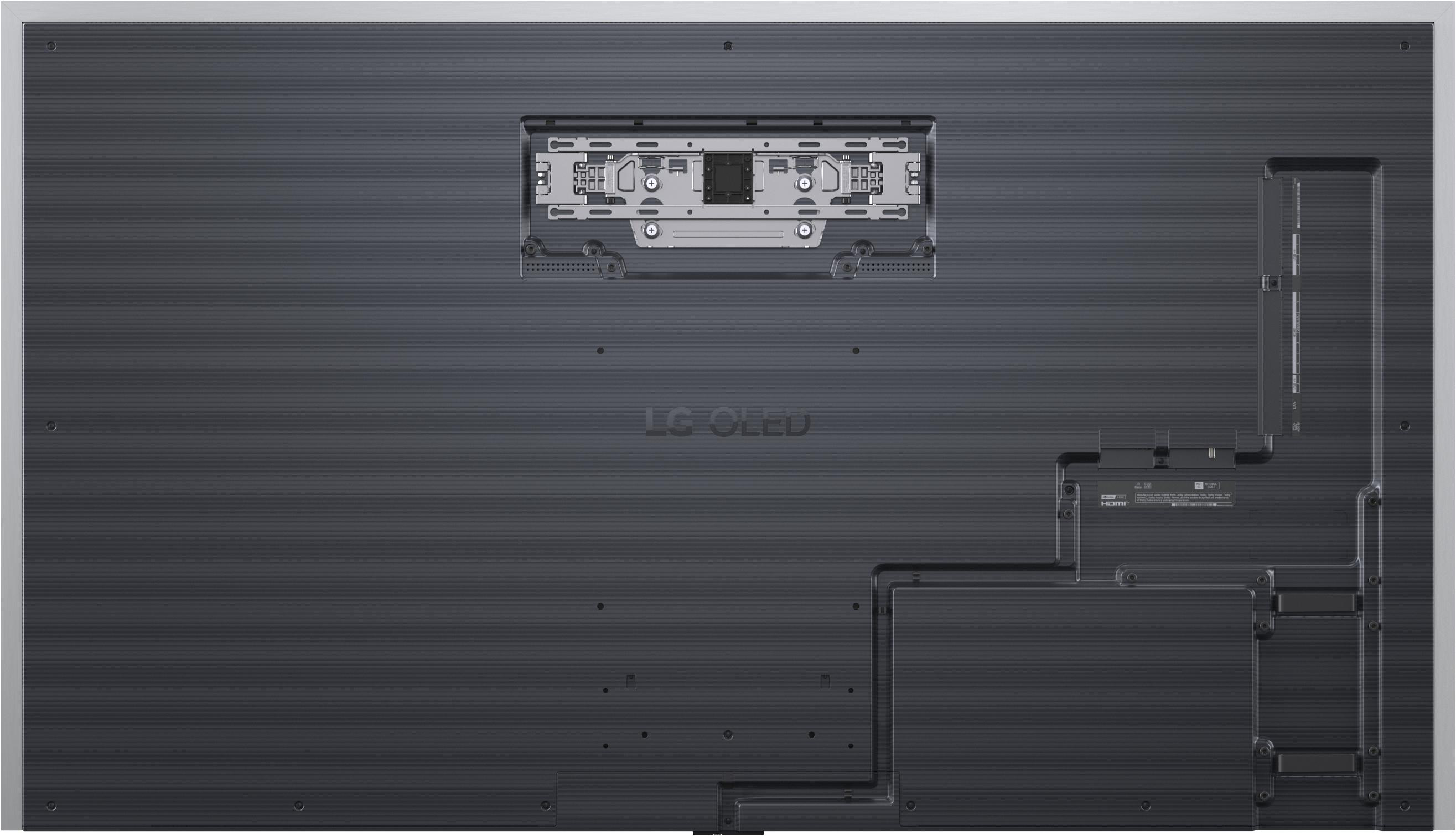 Rückseite eines LG OLED Fernsehers mit Montagehalterung und Anschlüssen.