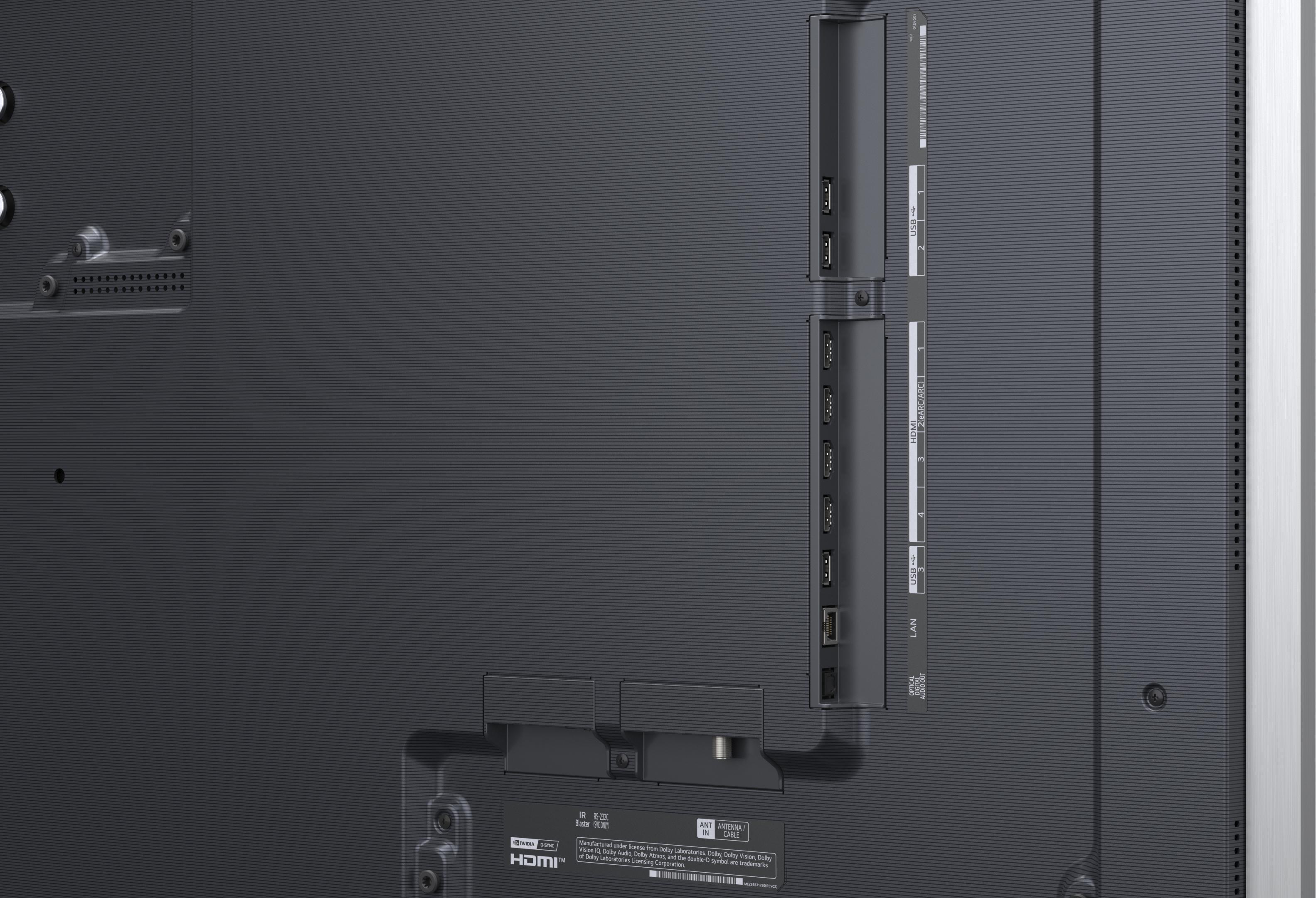 Rückseite eines Fernsehers mit Anschlüssen wie HDMI, USB und LAN.