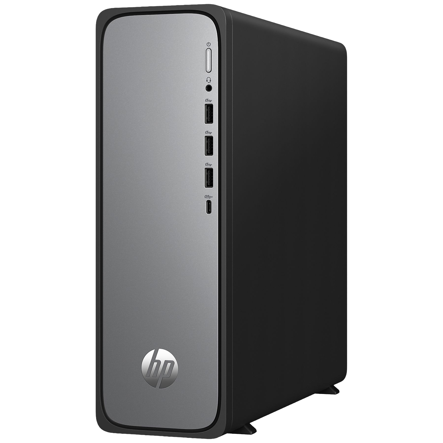 Black HP tower with silver front panel, USB ports, and power button.