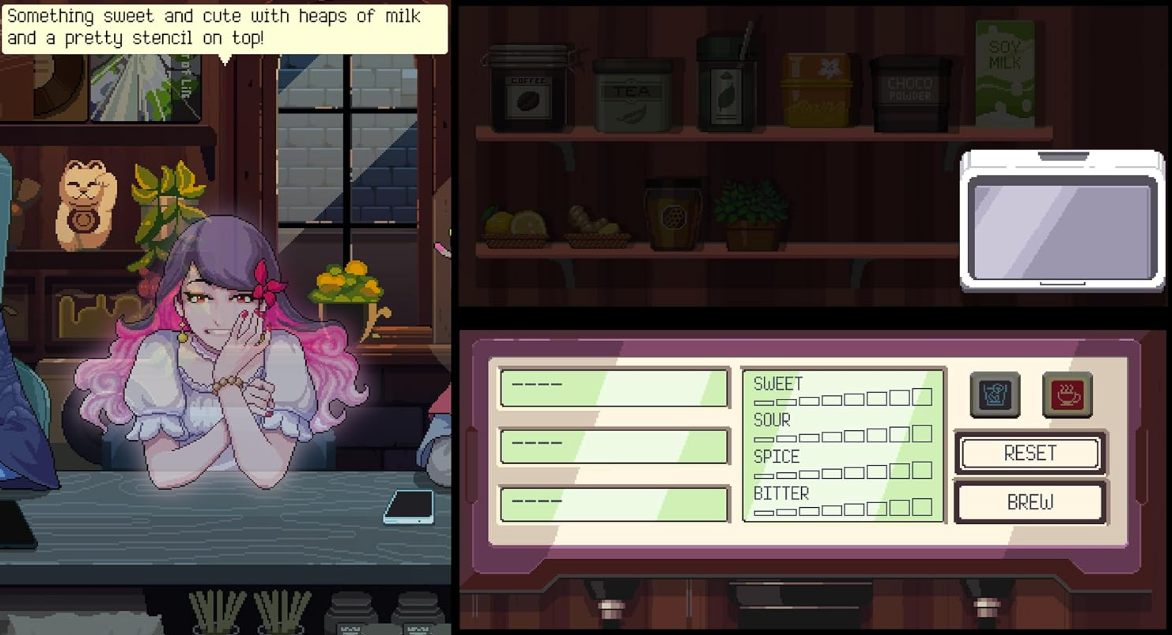 Pixel-Art-Cafészene. Eine Frau mit pinken Haaren lächelt. Ein Getränkemenü wird angezeigt.