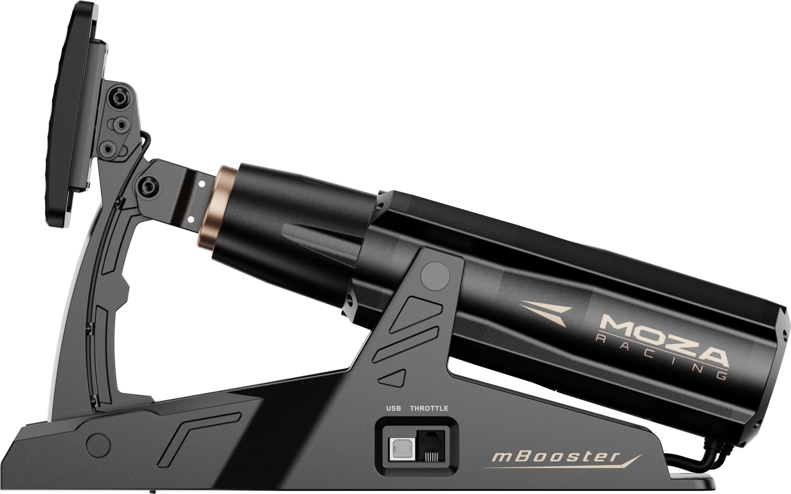 Fekete versenykormány-booster "MOZA RACING" logóval és USB porttal.