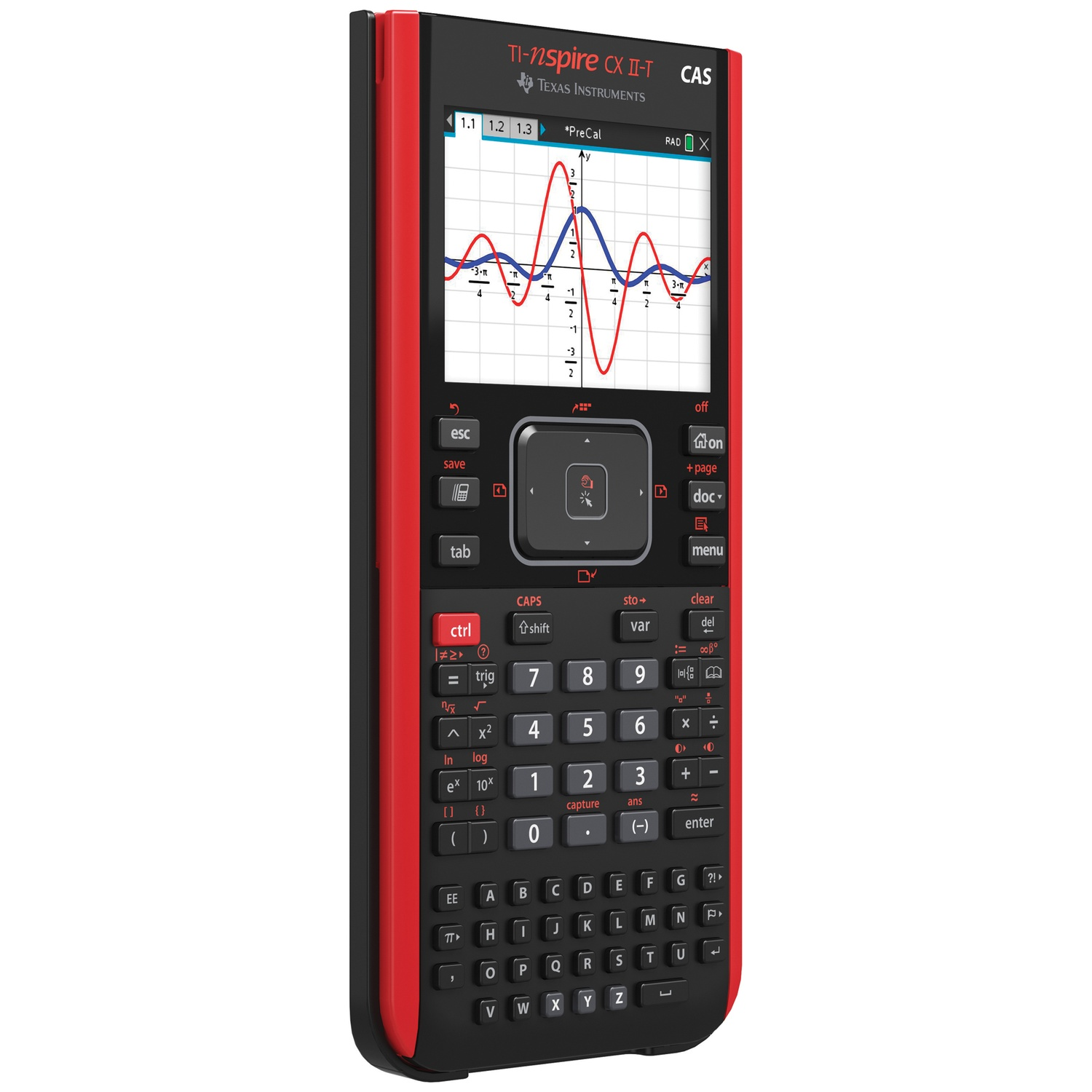 Een rode en zwarte Texas Instruments TI-nspire CX II-T CAS rekenmachine met grafieken.