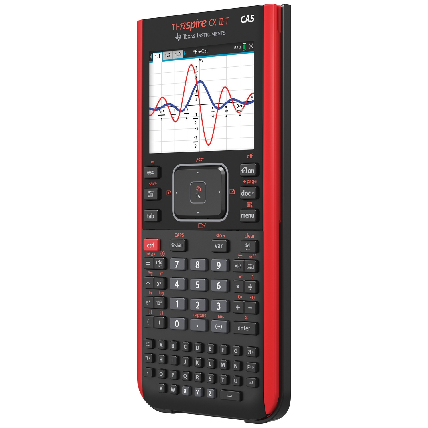 Een rode en zwarte TI-Nspire CX II-T CAS rekenmachine met een grafiek op het scherm.