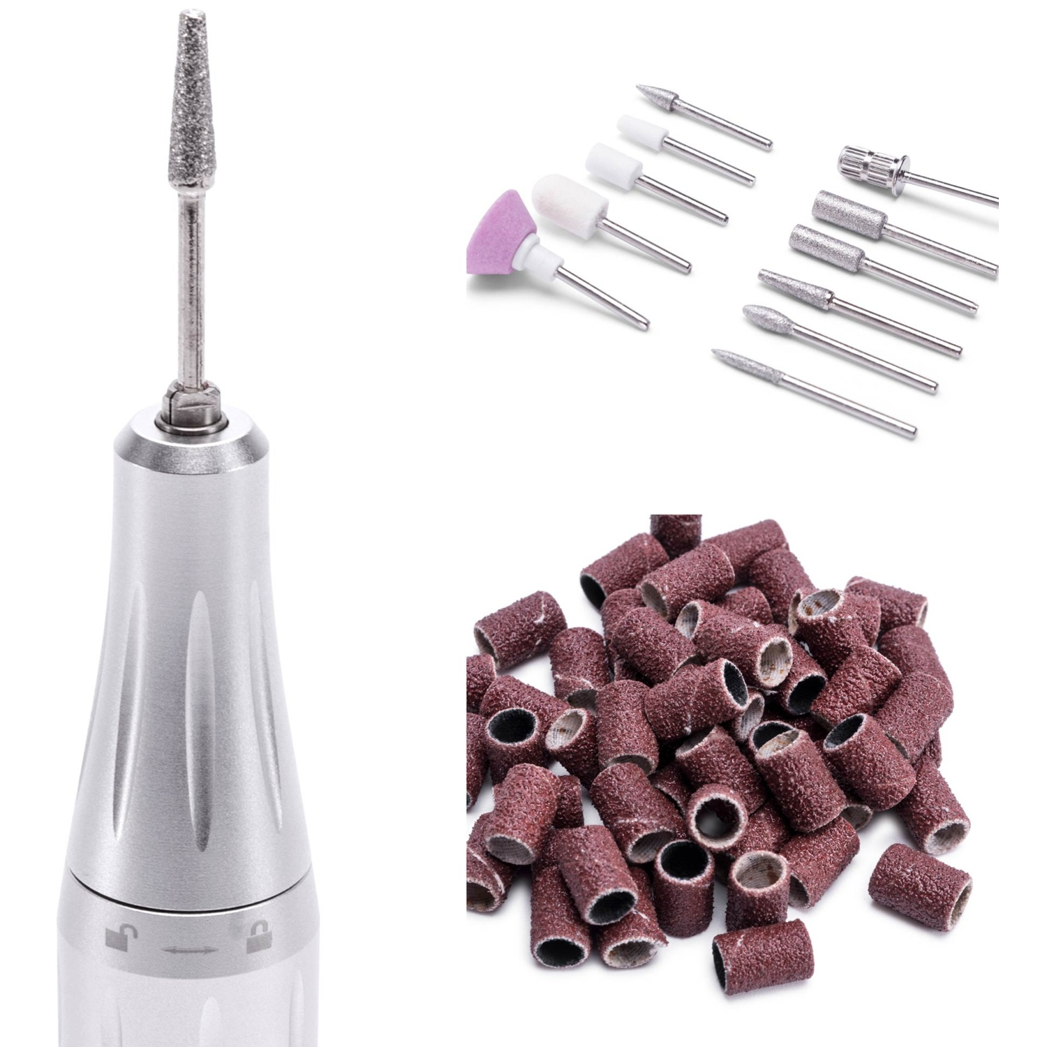 Un embout de ponceuse à ongles et diverses bandes de ponçage sur fond blanc.