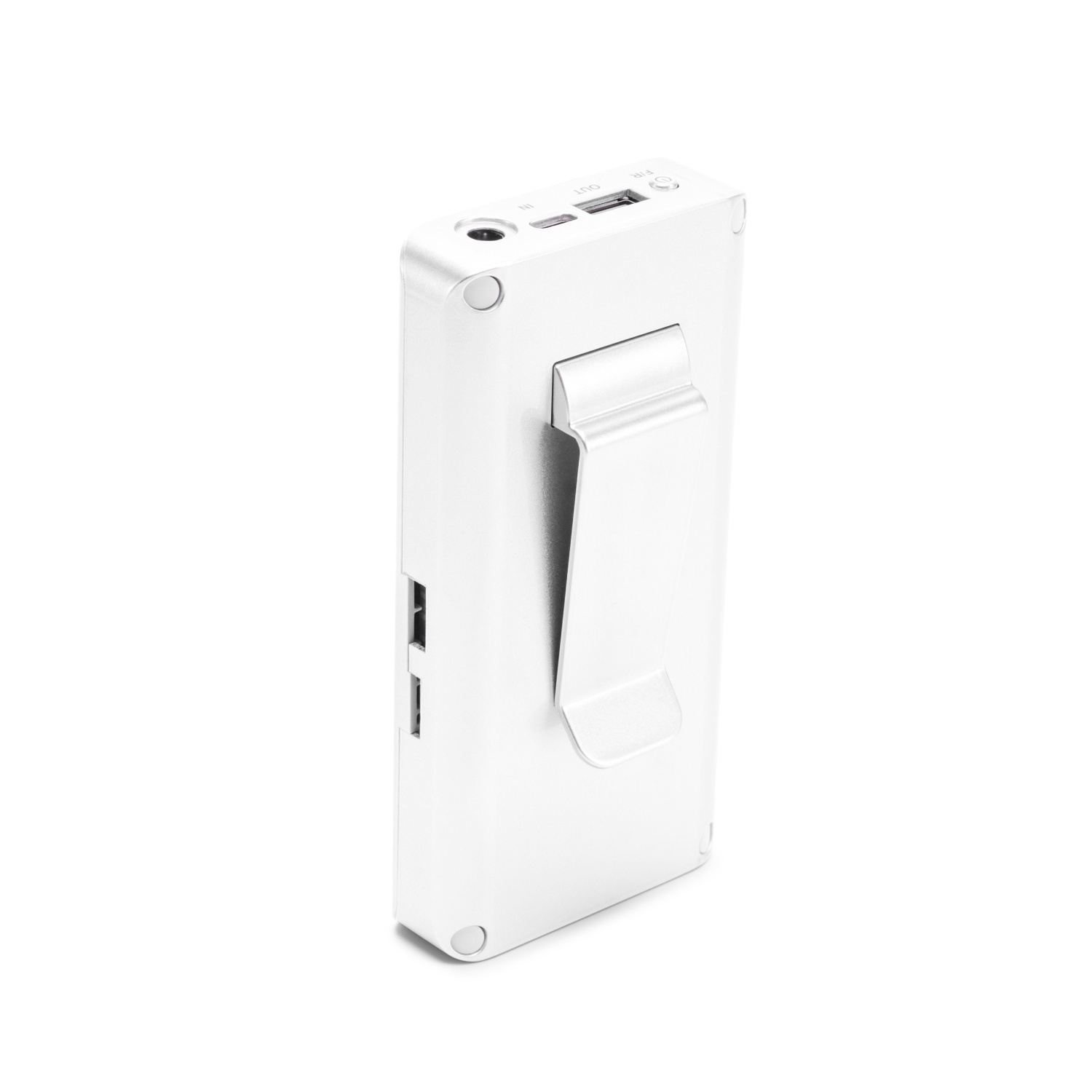Une power bank blanche et rectangulaire avec un clip au dos.