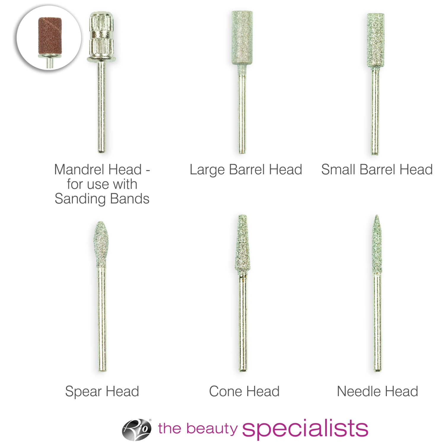 Six embouts de ponceuse à ongles : mandrin, barillet grand/petit, lance, cône, aiguille.