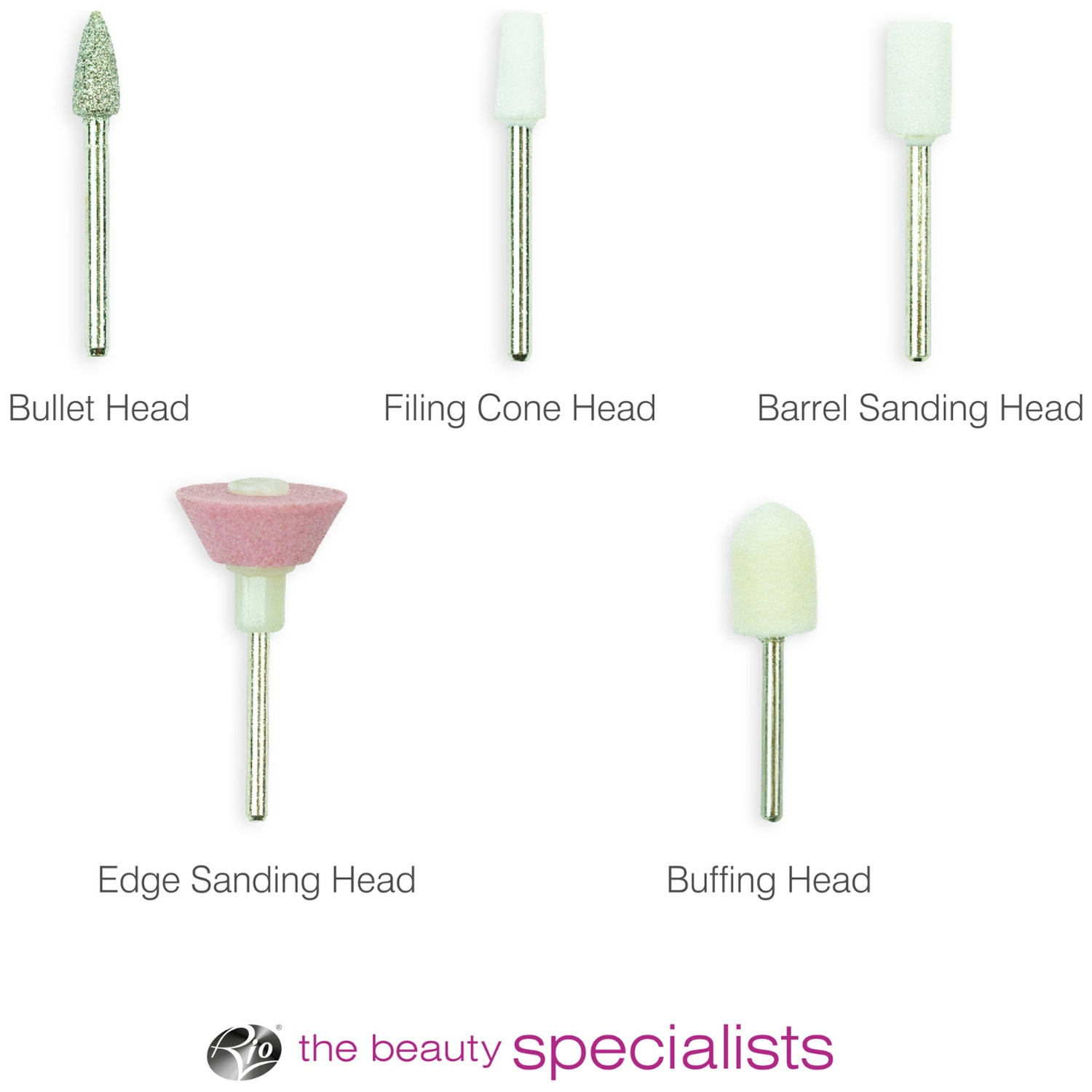 Cinq embouts de ponceuse à ongles : balle, cône, barillet, bord, polissage.