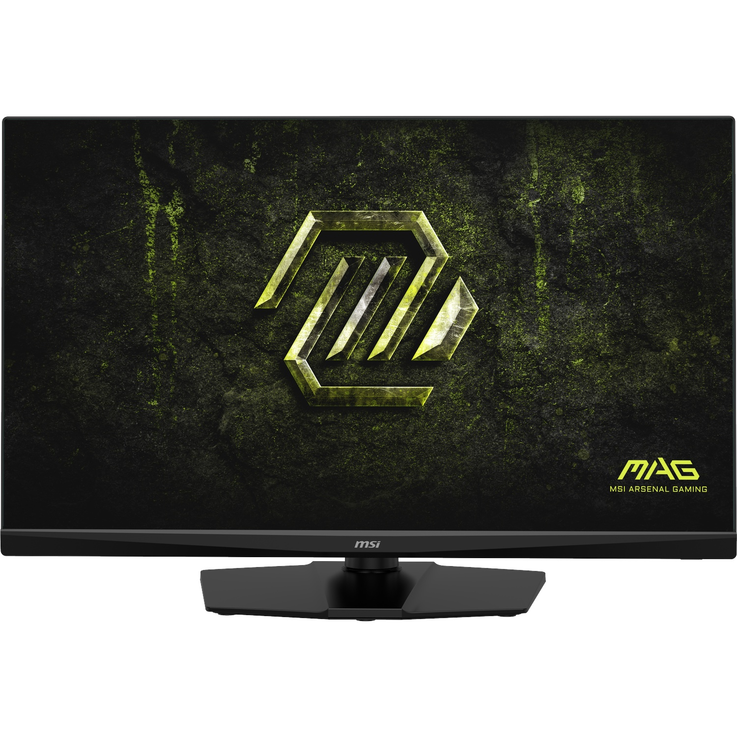Un moniteur gaming MSI noir avec fond texturé sombre et logo jaune.