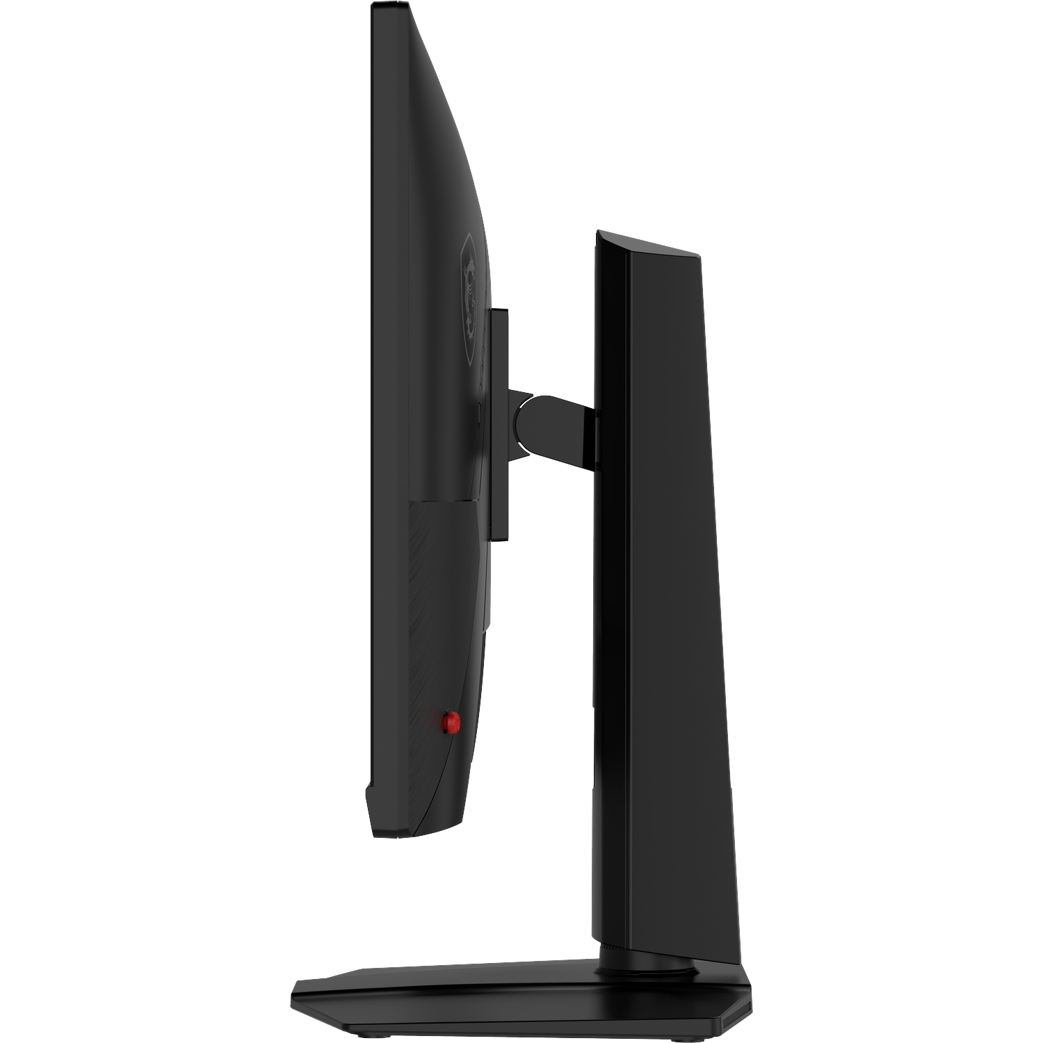 Moniteur d'ordinateur noir vu de côté, avec bouton rouge.