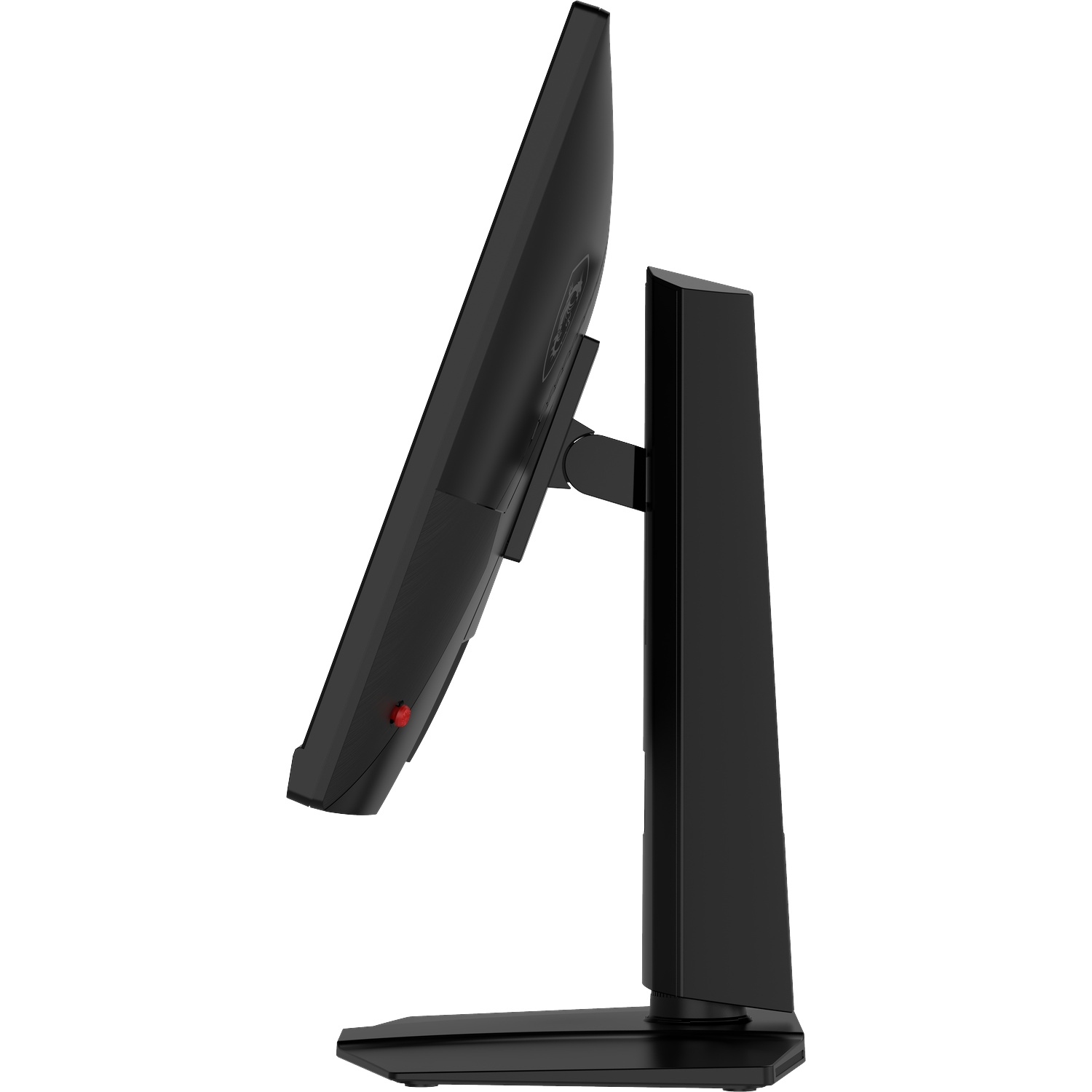 Moniteur d'ordinateur noir sur un support avec un bouton rouge sur le côté.