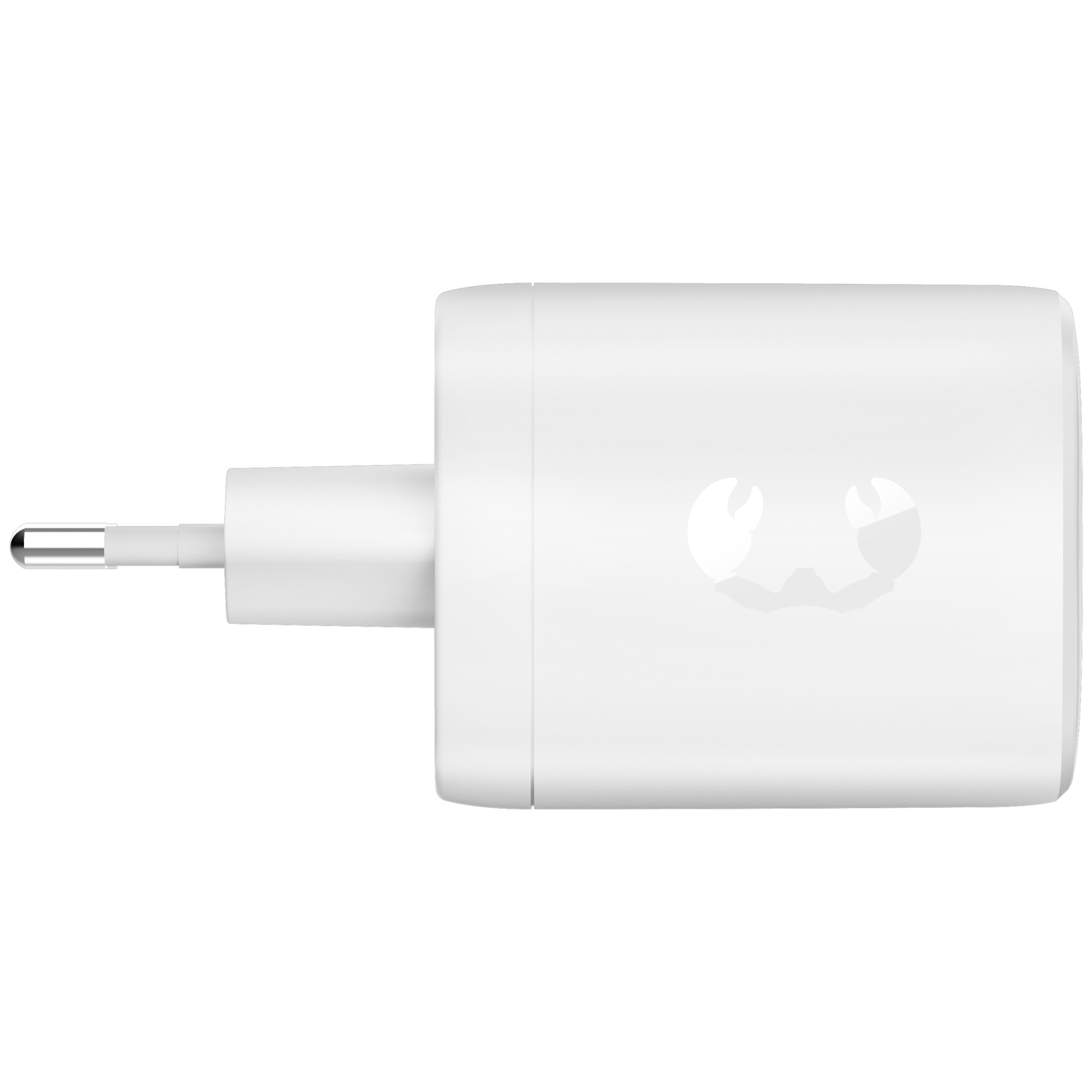 Un adaptateur secteur blanc avec une prise ronde et un logo.