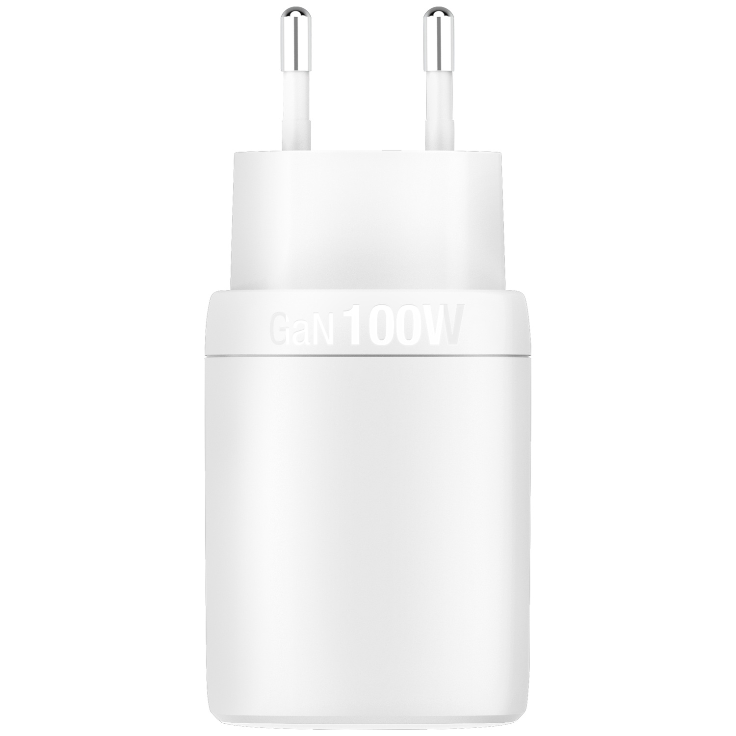 Un chargeur blanc GaN 100W avec deux broches argentées.