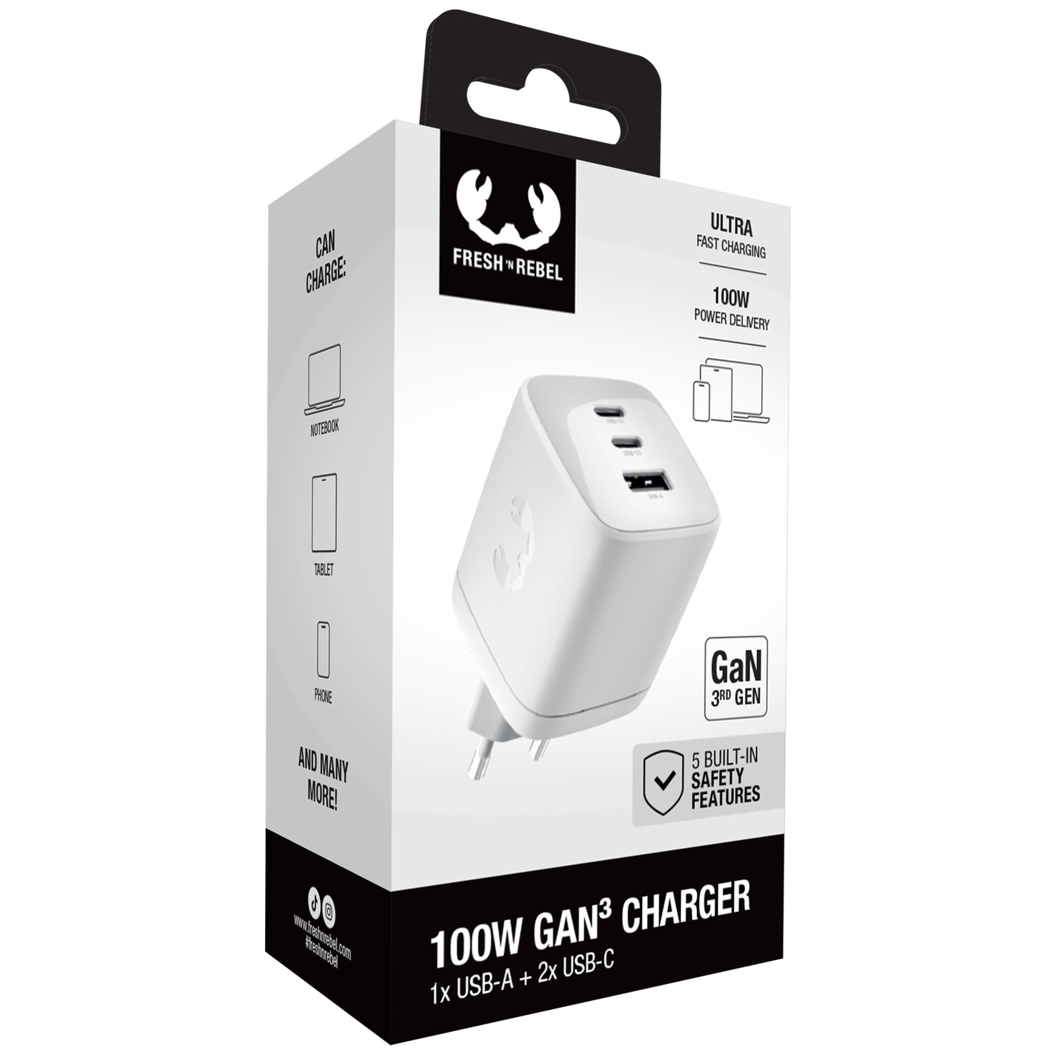 Emballage d'un chargeur blanc GaN3 de 100W avec 1 port USB-A et 2 ports USB-C.