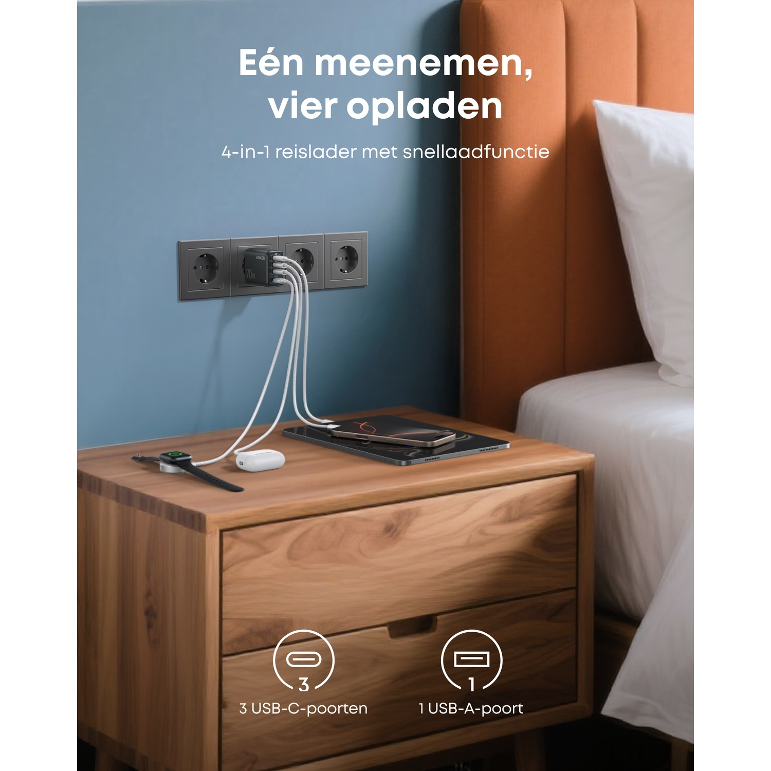 An Anker 70W 4-in-1 charger plugged into a wall socket. Charging iPhone, Apple Watch & AirPods.