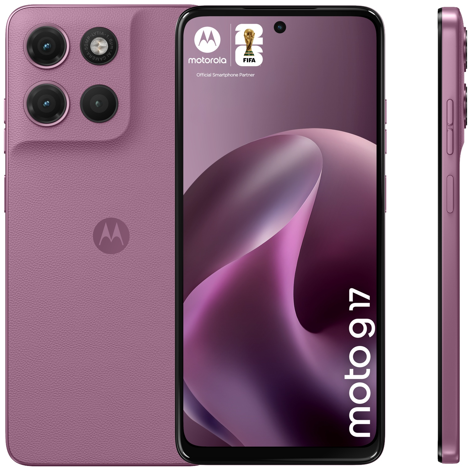 Paars Motorola Moto G17 smartphone, achterkant met drievoudige camera's, voorkant met FIFA-logo.
