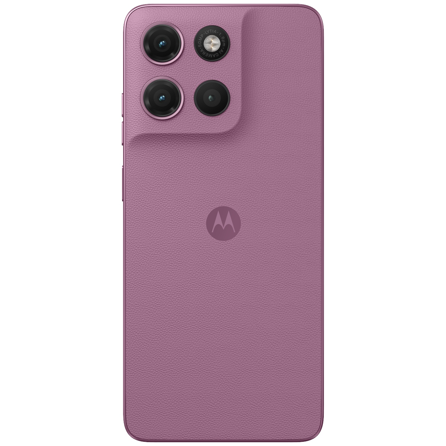 Paarse Motorola telefoon met drie camera's en Motorola-logo op de achterkant.