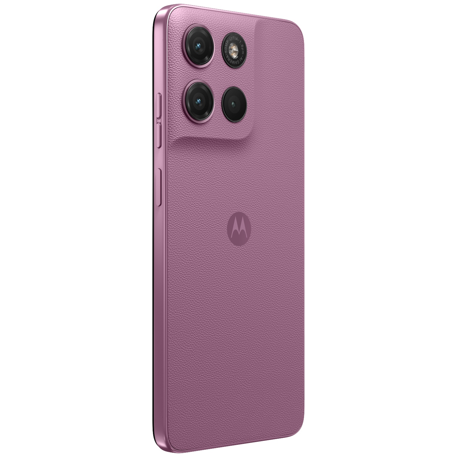Een roze smartphone met drie camera's en een Motorola-logo op de achterkant.