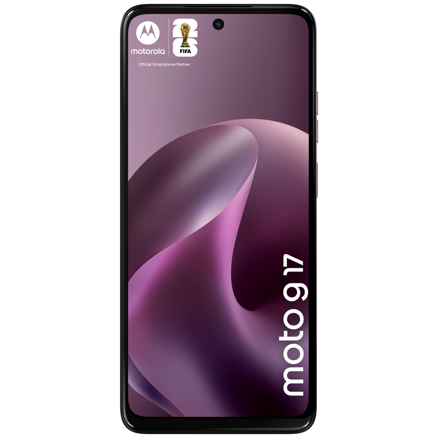 Een Motorola Moto G17 smartphone met FIFA-logo en paars-grijze achtergrond.