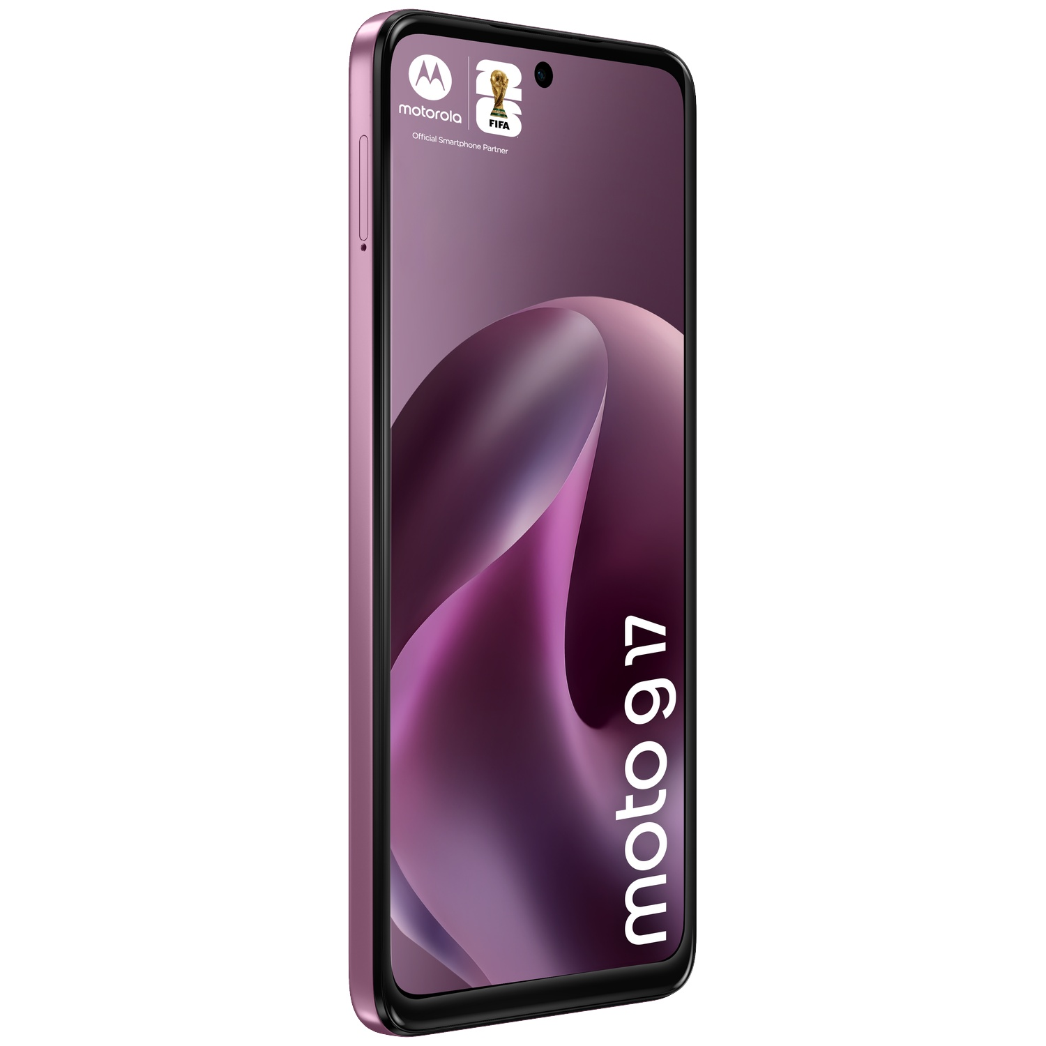 Een roze Motorola Moto G17 smartphone met FIFA en Motorola logo's.