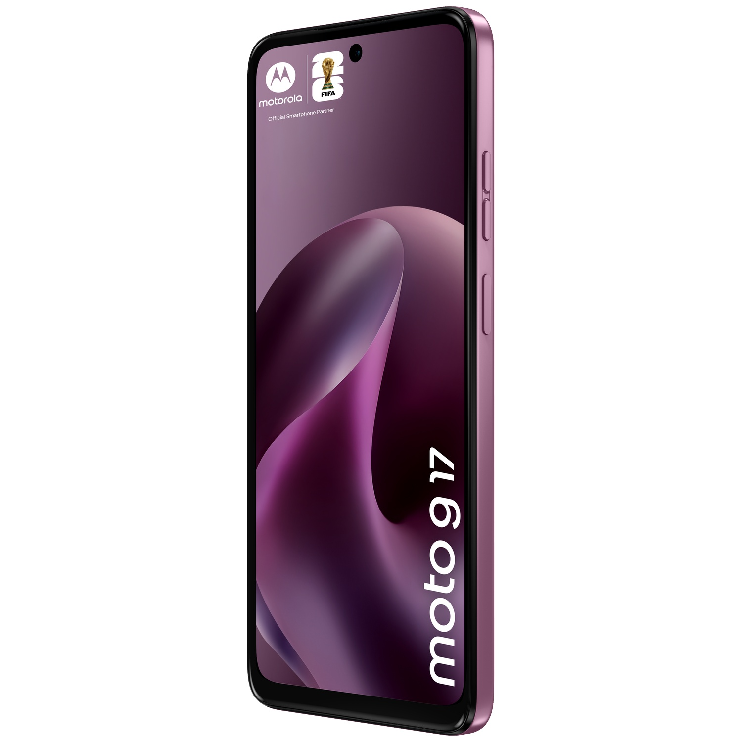 Een paarse Motorola Moto G17 smartphone met het FIFA-logo op het scherm.